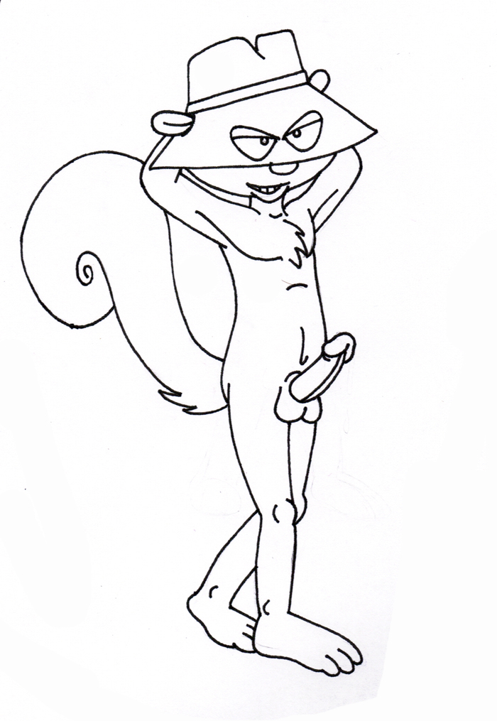 anthro arms_up balls erection furry grin hanna-barbera hat kooshmeister male_only monochrome rodent secret_squirrel secret_squirrel_show solo_male squirrel tail