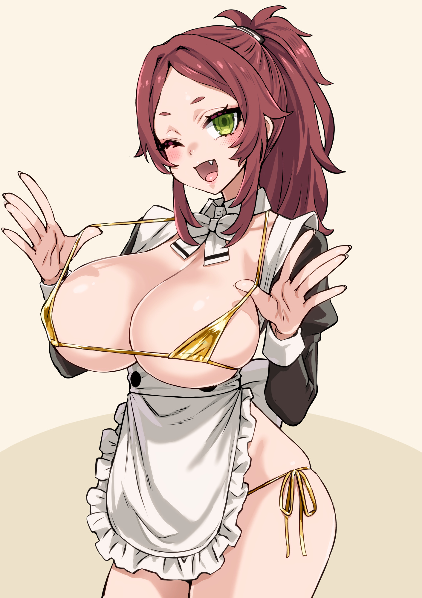 1girl, 1girls, aisha greyrat, apron, asanagi, big boobs, big breasts, big tits, bikini, blush, boobs, boobs bigger than head, breasts, breasts bigger than head, cropped legs, detached collar, fang, female, female focus, female only, gold bikini, green eyes, hair flaps, highres, huge boobs, huge breasts, huge tits, large boobs, large breasts, large tits, long hair, long sleeves, looking at viewer, maid, maid apron, maid headdress, mushoku tensei, one eye closed, ponytail, red hair, simple background, smile, solo, solo female, solo focus, swimsuit, thick eyebrows, thick thighs, thighs, tits, tits bigger than head, undersized breast cup, white headdress