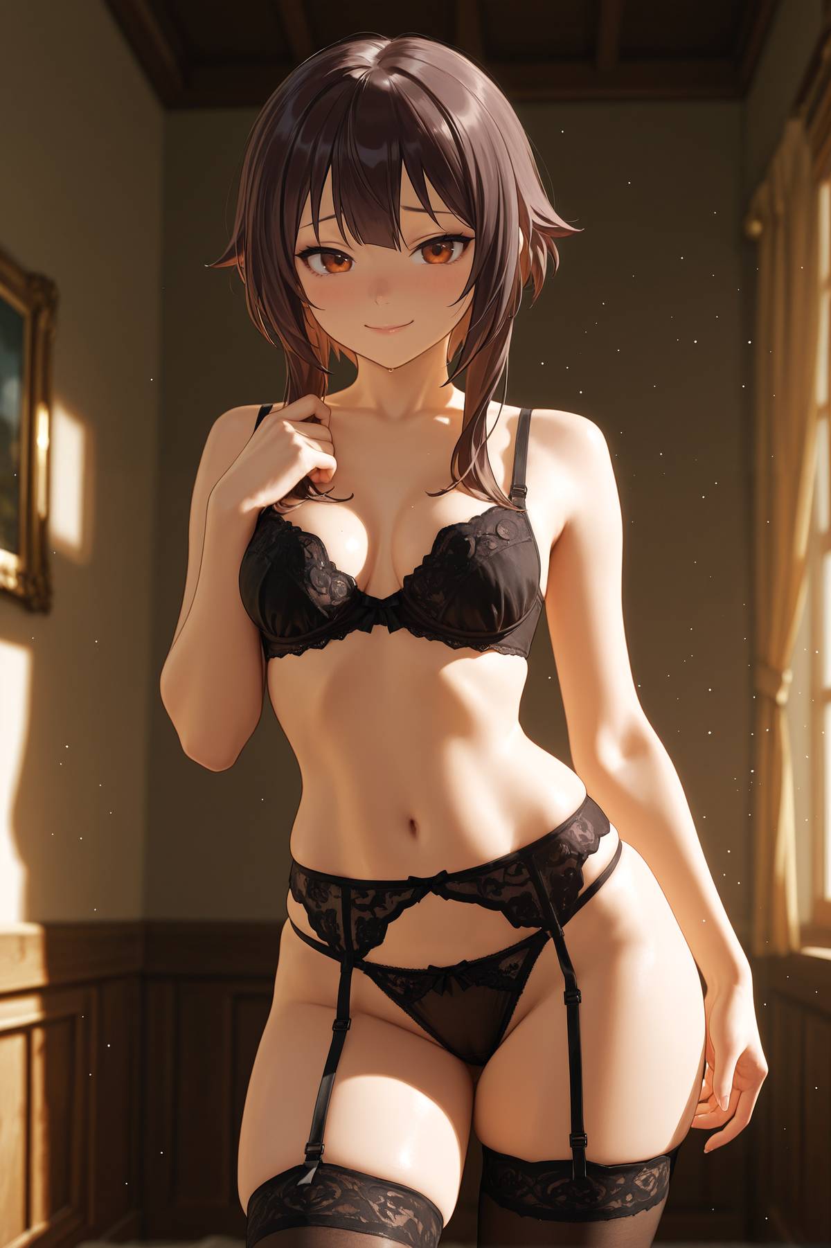 1girl, 2025, 2026, 4k, absurd res, absurdres, ai, ai art, ai assisted, ai generated, ai-created, ai-generated, alphai, black hair, blushing, bra, breasts, brown hair, chest, cinematic lighting, close-up, colorful, crimson eyes, curvy, curvy ass, curvy body, curvy female, curvy figure, curvy hips, dark brown hair, depth of field, detailed hair, detailed skin, dramatic shadows, eyelashes, eyeliner, female, female face, female only, flat chest, high quality, high resolution, highres, kono subarashii sekai ni shukufuku wo!, konosuba, light skin, light-skinned female, mature female, megumin, naughty face, pale skin, panties, particles, patreon, patreon link, patreon url, patreon username, petite, petite breasts, raised eyebrows, red eyes, seductive, seductive eyes, seductive look, short hair, short stature, skinny, slender, small breasts, solo, solo female, stockings, straight hair, volumetric lighting, watermark
