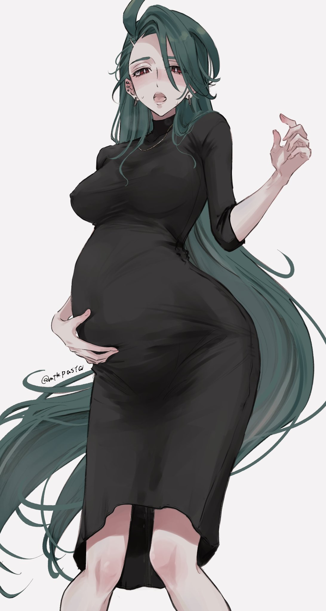 1girls, belly, big belly, braless, breasts, erect nipples, female, maternity clothes, maternity dress, mtkpasta, nipple bulge, pokemon, pregnant, red eyes, rika (pokemon), teal hair, tomboy