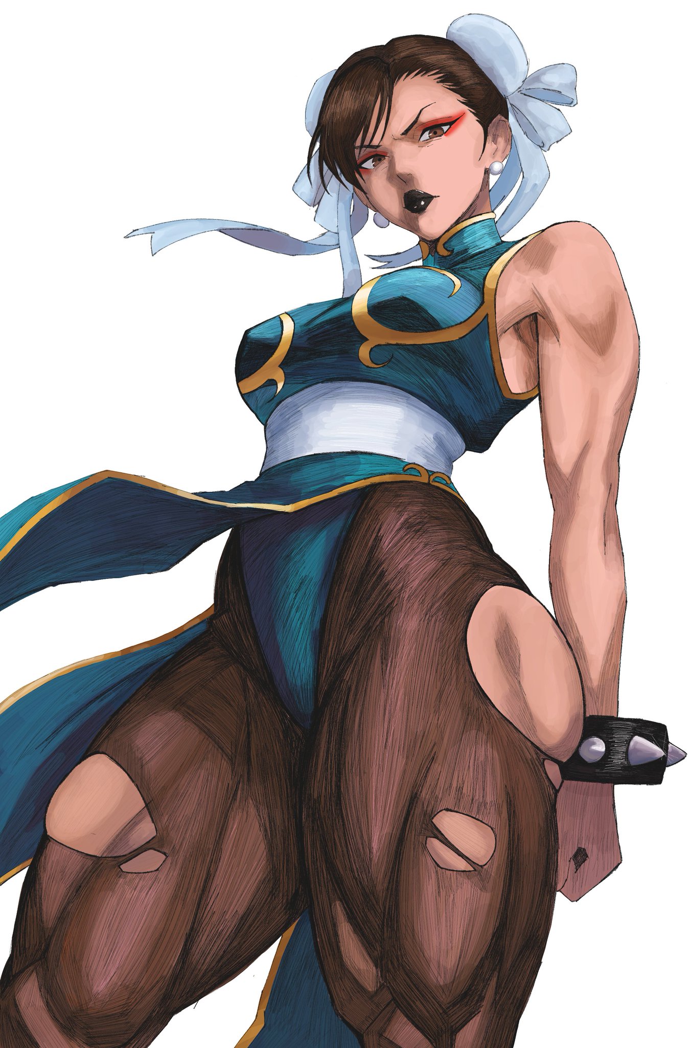 2d, asian, asian female, black hair, black lipstick, capcom, child bearing hips, chun-li, chun-li (cosplay), costume, hair bun, hair ornament, hair ribbon, hex mamaniac, hourglass figure, hourglass figured female, huge thighs, large ass, large butt, large thighs, lipstick, looking at viewer, mature, mature body, mature female, mature figure, mature woman, medium breasts, milf, milf body, mommy, mommy kink, muscular, muscular female, muscular thighs, pantyhose, ripped pantyhose, sketch, sketch page, slim waist, street fighter, tagme, thick thighs, tied hair, video game character, viewed from below, wide hips