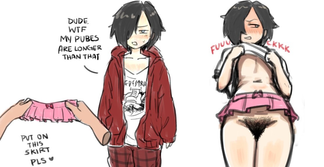 1girls, averting eyes, black hair, black pubic hair, blue eyes, blush, bushy pubes, clothes lift, edit, edited by uploader, embarrassed, english text, excessive pubic hair, excessive pussy hair, female, female only, female pubic hair, flat chest, hair over one eye, legs together, lifting own clothes, microskirt, navel, no bra, no panties, original, pink skirt, profanity, pubic hair, ramdomrot, shirt, shirt lift, short hair, skirt, solo, standing, t-shirt, thighs, uncensored