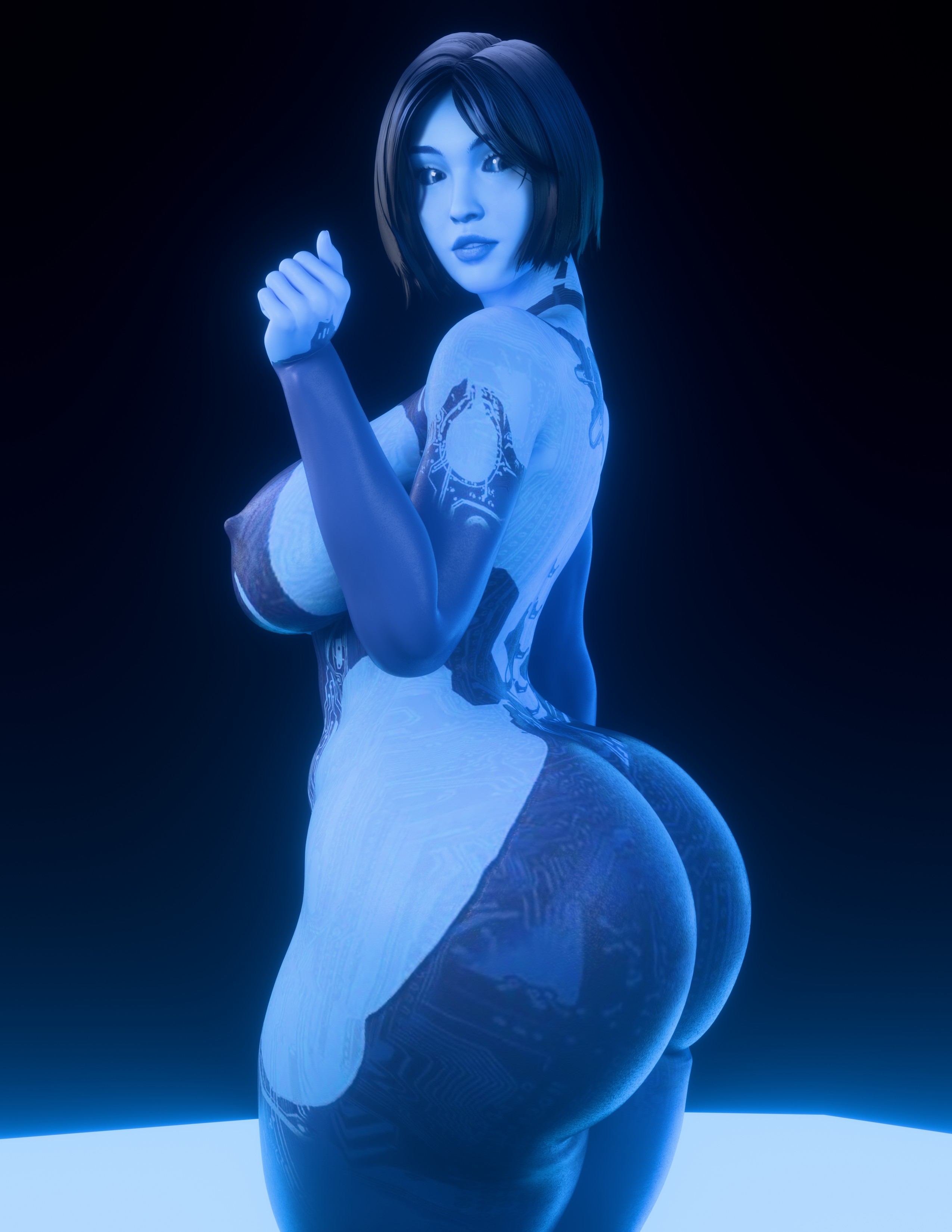 1girls, 3d, ass, black hair, blue eyes, blue skin, breasts, bubble butt, cortana, cpt-flapjack, curvy, fat ass, female, female only, halo, halo (series), huge ass, large breasts, lips, looking back, nipples, plump ass, short hair, solo, thick, thick ass, thick thighs, thighs, voluptuous, wide hips