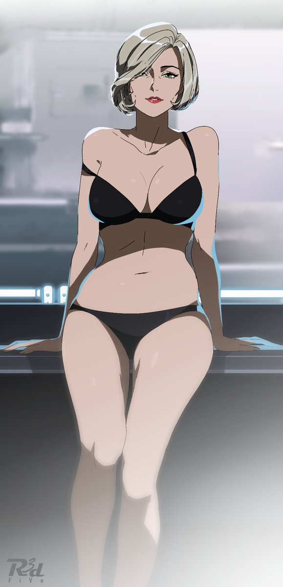 1girls, artist name, big breasts, bob cut, bra, bra strap slip, cleavage, color, colored, detailed background, dr. karin chakwas, eyeliner, female, female only, gilf, green eyes, grey hair, hip dips, light skin, light-skinned female, lipstick, makeup, mass effect, mature female, mature woman, medium hair, panties, pinup, r3dfive, sitting on table, small waist, solo, thick thighs, watermark, wide hips