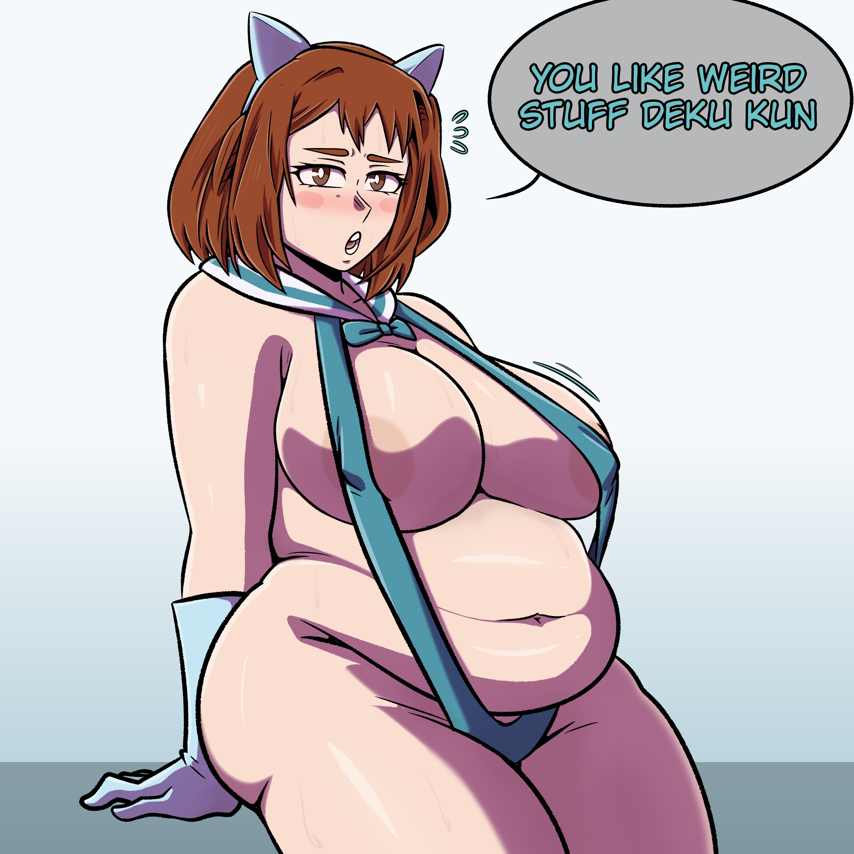 1girl, animal ear hairband, animal ears, areola slip, artist request, belly, big belly, blue bow, blue bowtie, blue gloves, blue hairband, blue slingshot swimsuit, blush, boku no hero academia, bowtie, breasts, brown eyes, brown hair, cat ear hairband, cat ears, cleavage, cosplay, detached collar, english text, fake animal ears, fat, fat rolls, fat woman, gloves, hairband, huge breasts, navel, ochako uraraka, open mouth, short hair, sitting, slingshot swimsuit, solo, speech bubble, swimsuit, tatsuno saori, uraraka ochako, yani neko