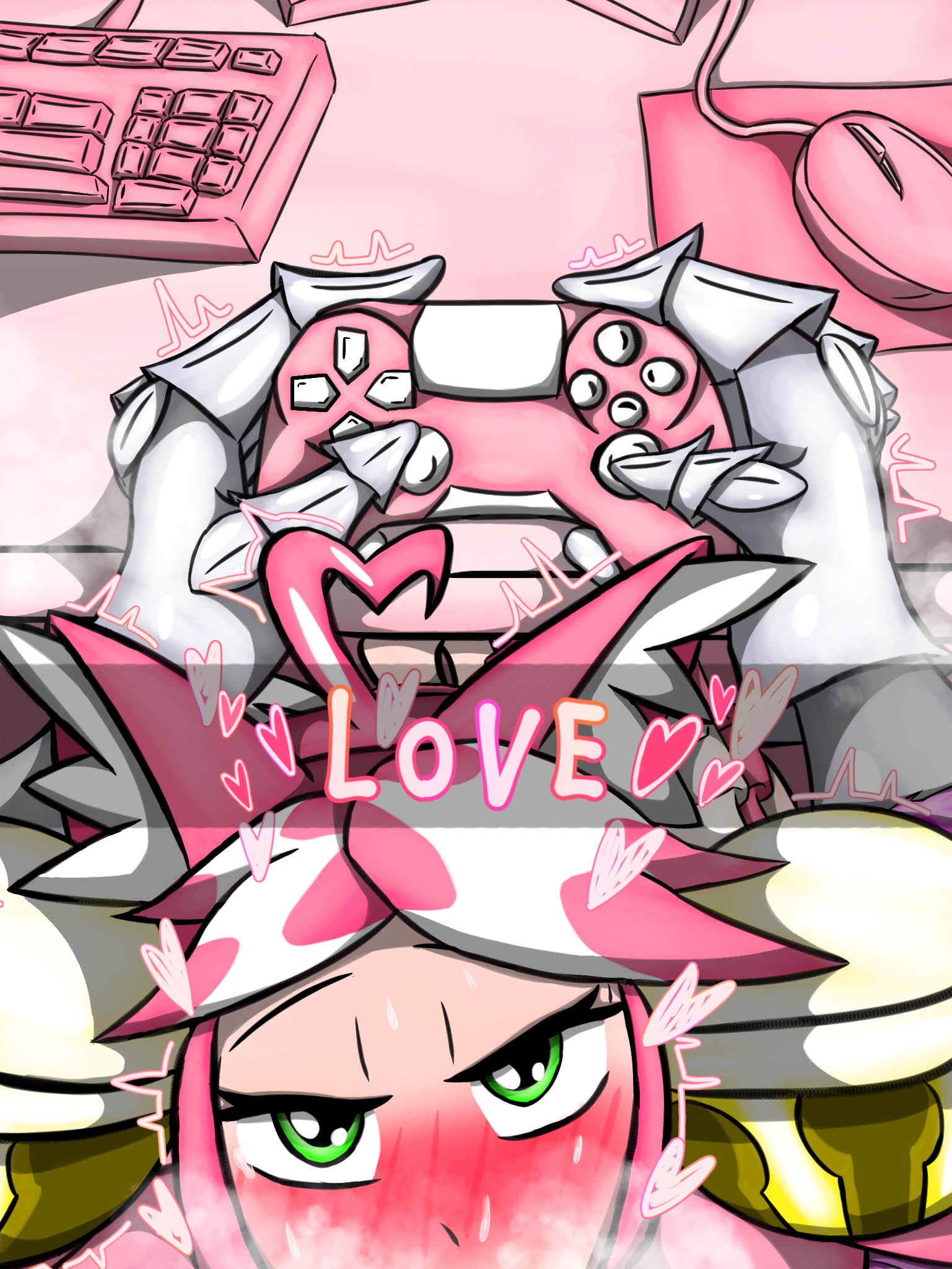 2026, 2d, blush, cat ears, catgirl, color, deltarune, deltarune chapter 5, fellatio, gaming controller, green eyes, heart symbol, kris (deltarune), offscreen blowjob, pink (deltarune), pov, pov eye contact, tagme, tagme (artist)