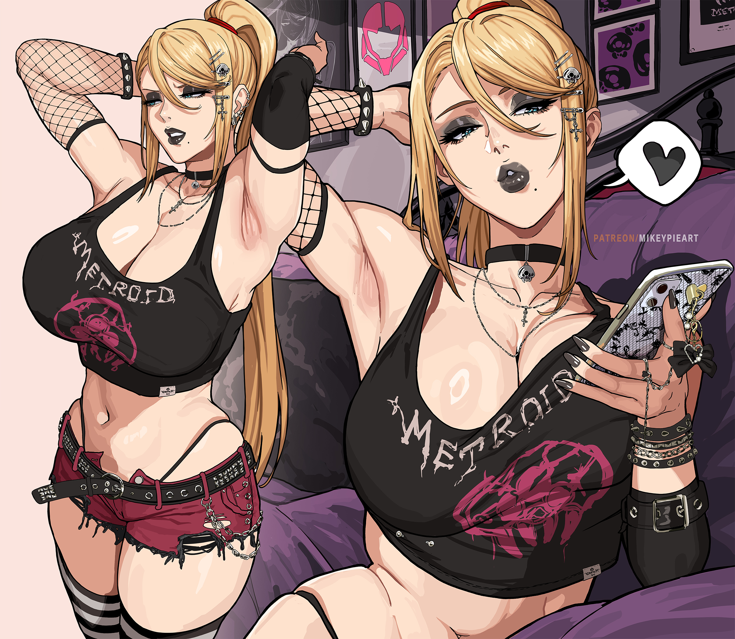 1girls, alternate costume, armpits, arms behind head, arms up, big boobs, big breasts, black lipstick, black nails, blonde hair, blue eyes, boobs, booty shorts, breasts, cellphone, choker, cleavage, crop top, exposed midriff, eyeshadow, female, goth, goth girl, goth makeup, hips, huge boobs, huge breasts, jewelry, large boobs, large breasts, makeup, metroid, mikeypieart, nintendo, on phone, phone, ponytail, samus aran, solo female, thighhighs, thighs, thong straps, wide hips