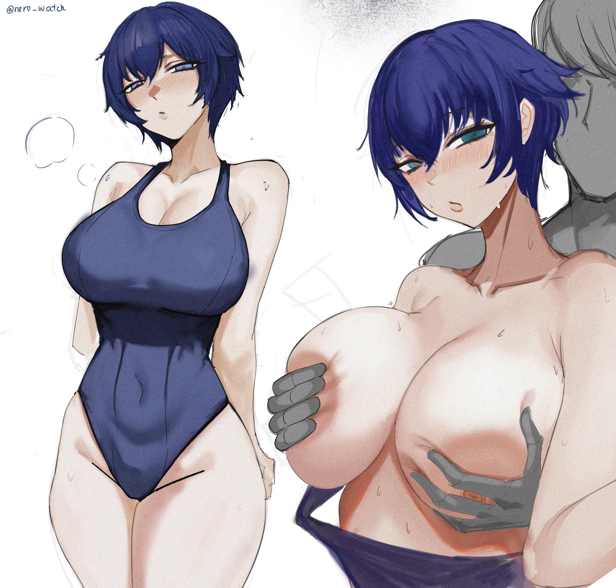 belly, belly button, belly button visible through clothing, blue eyes, blue hair, blush, blushing at viewer, breast grab, breast grab from behind, breasts, double breast grab, erect nipples, groping, groping breasts, hips, hips wider than shoulders, large areolae, large breasts, looking back, narukami yu, nero watch, nipples, one-piece swimsuit, persona, persona 4, school swimsuit, shirogane naoto, skin tight, squeezing, squeezing breast, swimsuit, thick thighs, thighs, topless, topless female, undressing, undressing another, wide hips