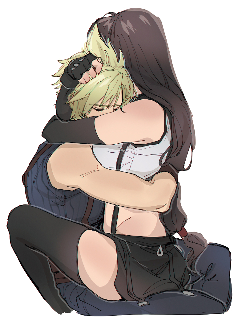 2d (artwork), artist name, artist request, bare back, black hair, blonde hair, blonde male, breasts pressed against partner, cloud strife, couple, couple (romantic), exposed belly, final fantasy, final fantasy vii, final fantasy vii rebirth, final fantasy vii remake, gloves, hugging, hugging partner, intimacy, intimate, intimate pose, large breasts, leg lock, long hair, on top of another, sfw, sketch, skirt, sports bra, sportswear, tagme, thick thighs, thighhighs, tifa lockhart, video game character, white background, wholesome, wholesome couple