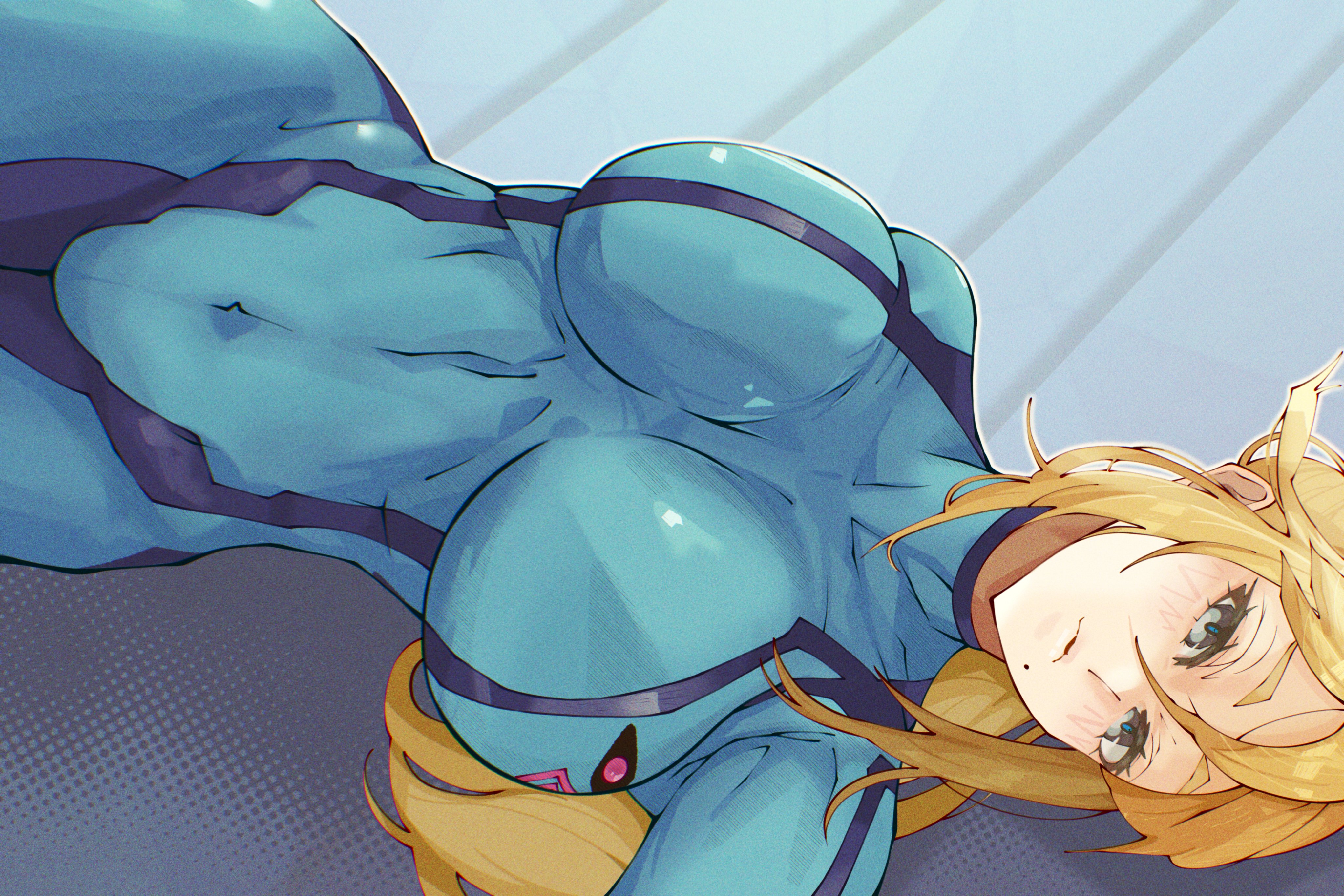 1girls, beauty mark, belly button, big boobs, big breasts, blonde hair, blue eyes, blush, bodysuit, boobs, breasts, clothed, curvaceous, curvy, curvy figure, female, hips, hips wider than shoulders, huge breasts, large breasts, laying down, looking at viewer, lying, lying on back, metroid, nintendo, pyxgt, samus aran, solo female, tight bodysuit, voluptuous, voluptuous female, wide hips, zero suit, zero suit samus