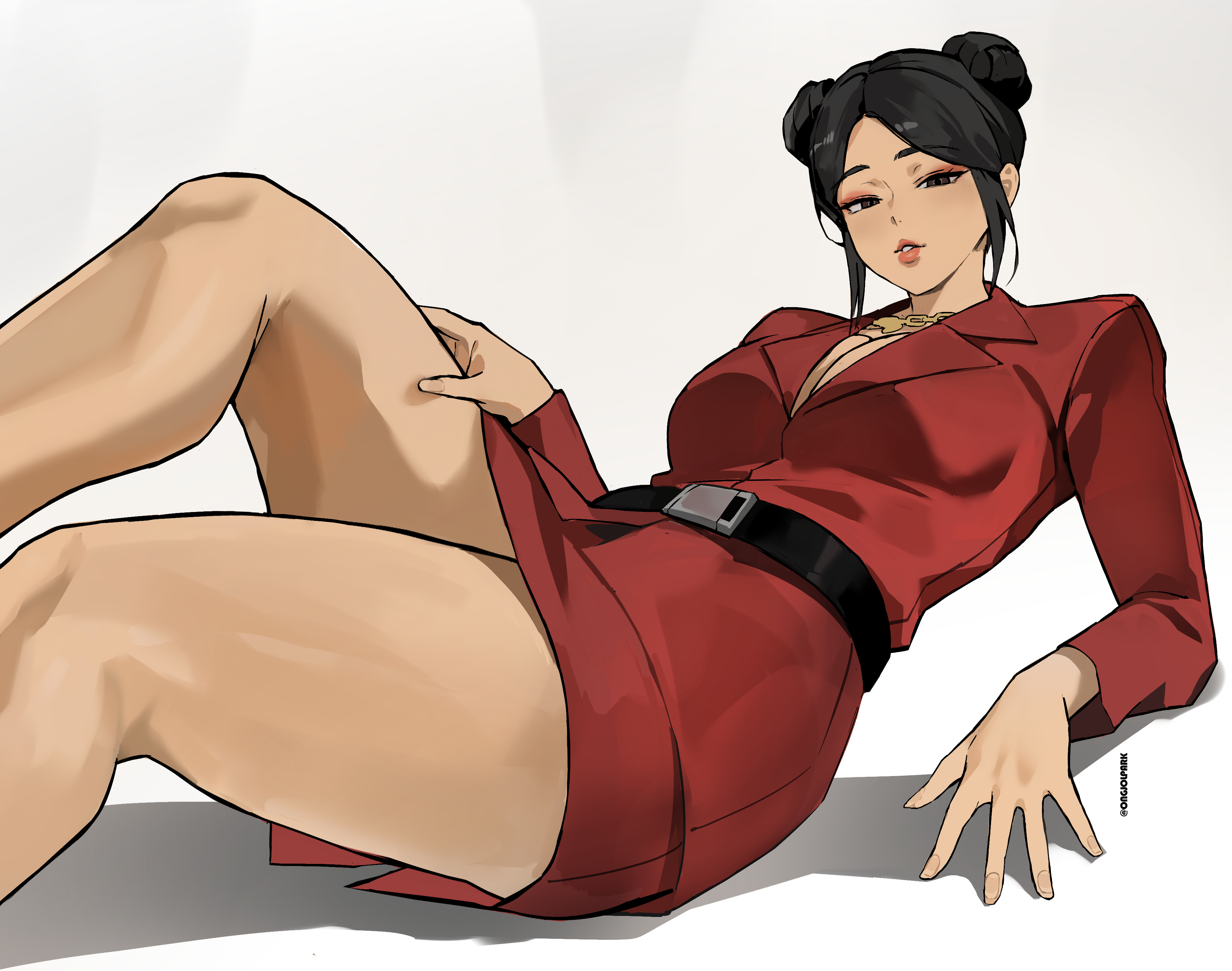 1girl, bun, chun-li, hair bun, looking at viewer, ongjolpark, red suit, solo, street fighter, street fighter (film), thick thighs, thighs