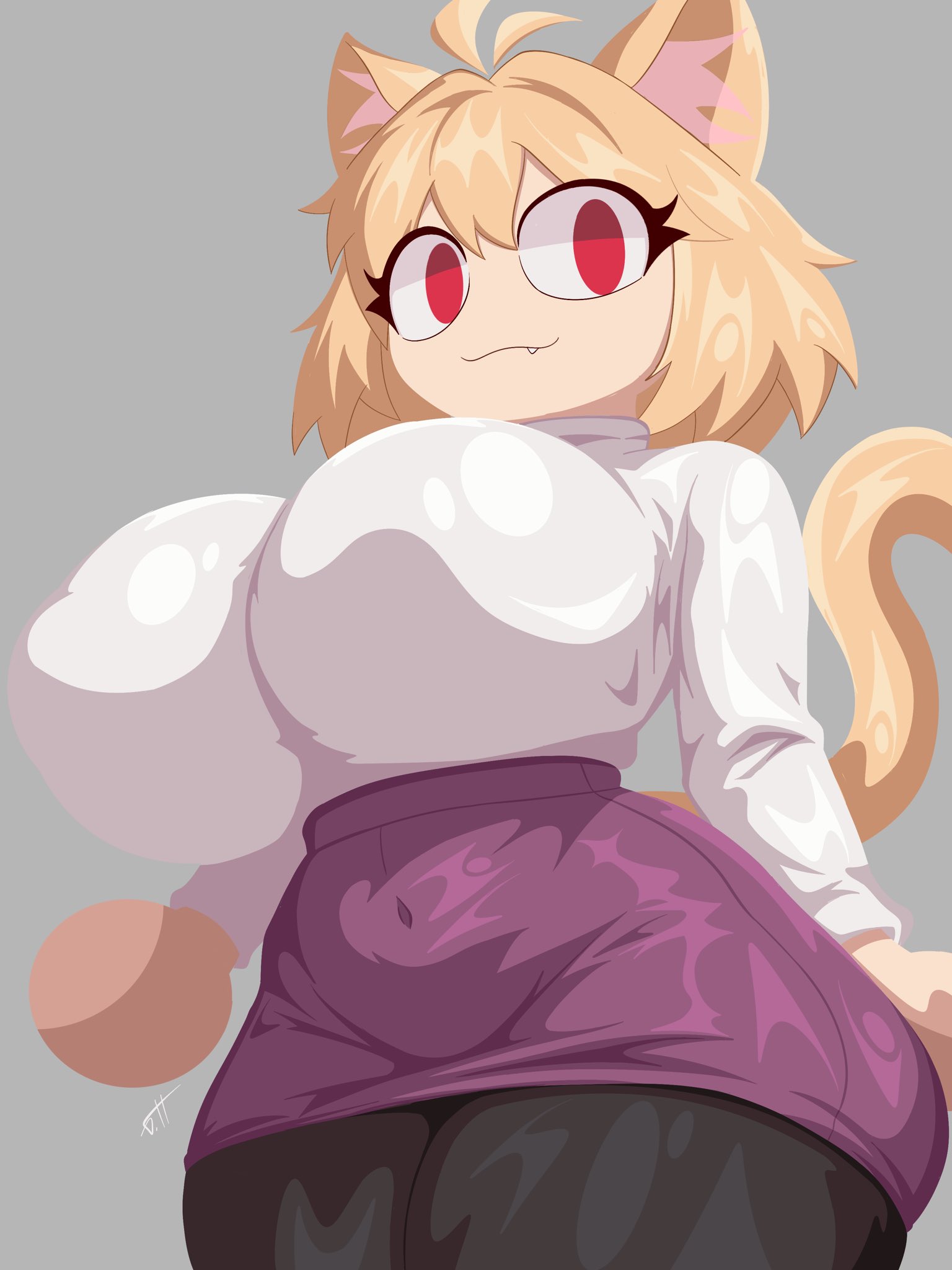 big breasts, big thighs, black tights, blonde hair, cat tail, catcat ears, catgirl, goofy horns, neco-arc, purple skirt, red eyes, short, shortstack, slim waist, type-moon, white shirt, wide hips