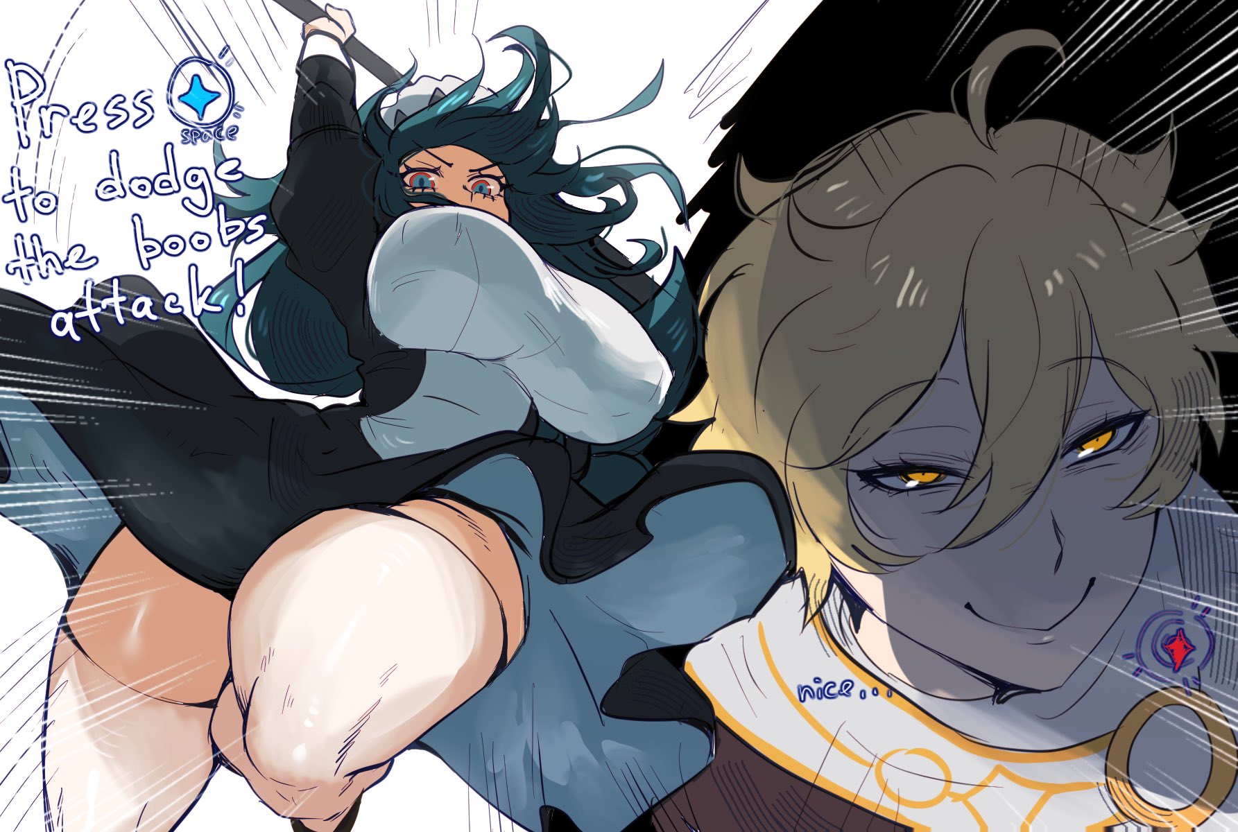 1boy, 1girls, aether (genshin impact), breasts, danica (genshin impact), female, genshin impact, large breasts, light skin, light-skinned female, male, oyxee, thick thighs, thighhighs, thighs, wide hips