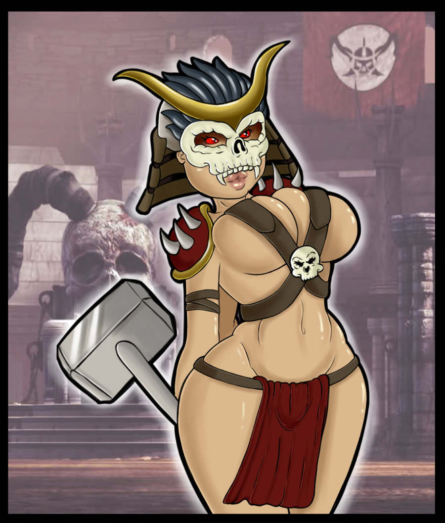 armor breasts clothes color fangs female female_only front_view hammer helmet holding melee_weapon mortal_kombat open_eyes puckered_lips red_eyes rule_63 shao_kahn shaokahnthekonquerer solo standing tagme tan_skin war_hammer weapon