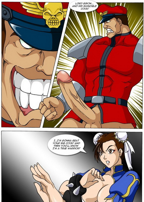 1boy 1girls abs bottomless bracelet breasts brown_eyes brown_hair capcom chun-li cleavage comic dialogue double_bun english epaulets hair_ornament hat m_bison muscles pecs penis spikes straight street_fighter teeth testicles vein veiny_penis