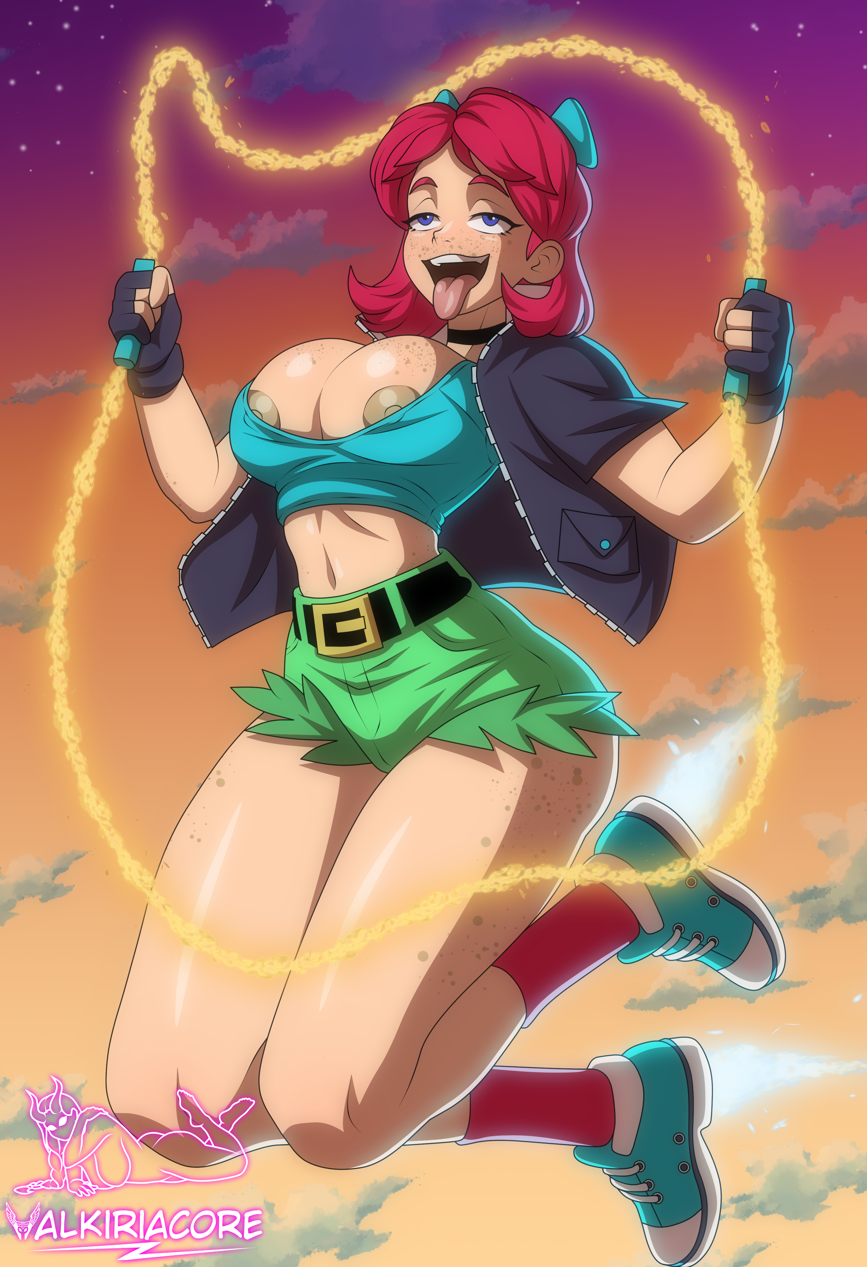 1girls, abdomen, ahegao, ahegao face, big breasts, black gloves, black jacket, blue eyes, clothed, female, female only, flying, jump rope, nipples, red hair, scarlet (yerkdiff), scarlet skips, scarlett, short hair, shorts, sky, solo female, sunset, valkiriacore, video game, video games