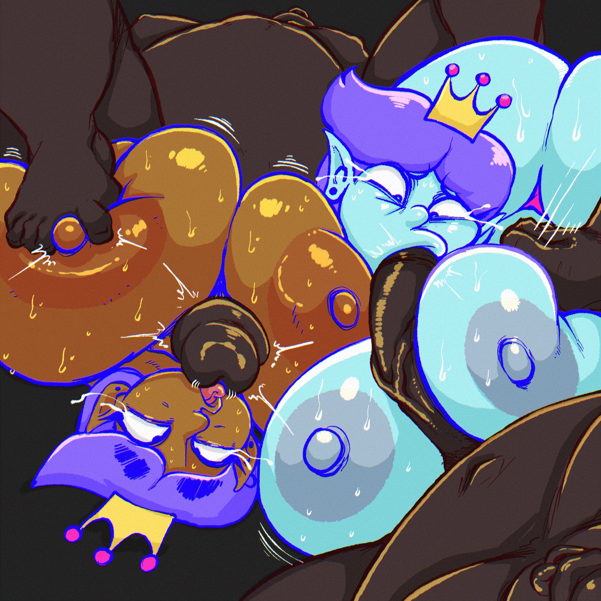 2boys, 2girls, areolae, big belly, big breasts, big penis, blowjob, blue skin, boobs, breasts, breasts bigger than head, cock, dark-skinned male, fat male, heterosexual sex, large breasts, large penis, lesbian space princess, lewdbeef, licking penis, nipples, paizuri, penis, purple hair, squeezing breast, sweaty, tan skin, thong