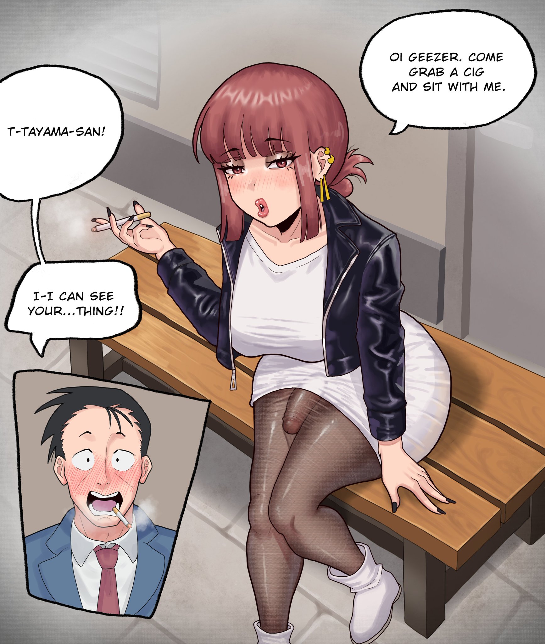 cigarette, english dialogue, english text, flustered, futanari, makeup, penis in pantyhose, red hair, sasaki (super no ura de yani suu futari), shisohide, smoking, super no ura de yani suu futari, tayama (super no ura de yani suu futari)