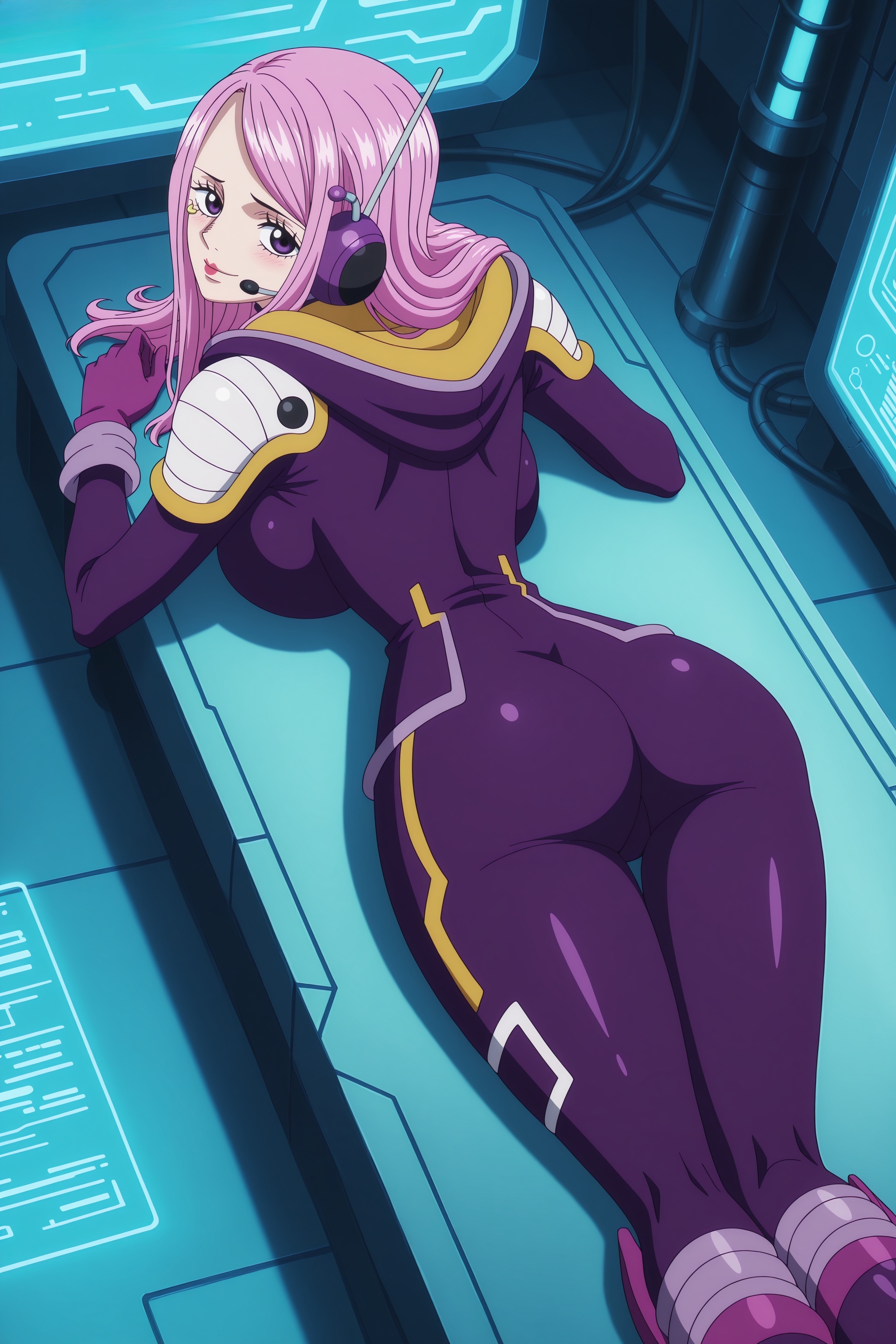 1girls, ai generated, ass, bodysuit, breasts, clothing, digitalwaifugallery, female, female only, from behind, gloves, headphones, headset, hi res, high quality, high resolution, holographic interface, holographic monitor, jewelry bonney, large breasts, lipstick, long hair, looking at viewer, looking back, lying, on stomach, one piece, patreon, pilot suit, pink hair, purple bodysuit, purple eyes, purple hair, science fiction, seductive, sexy, skin tight, solo, uncensored
