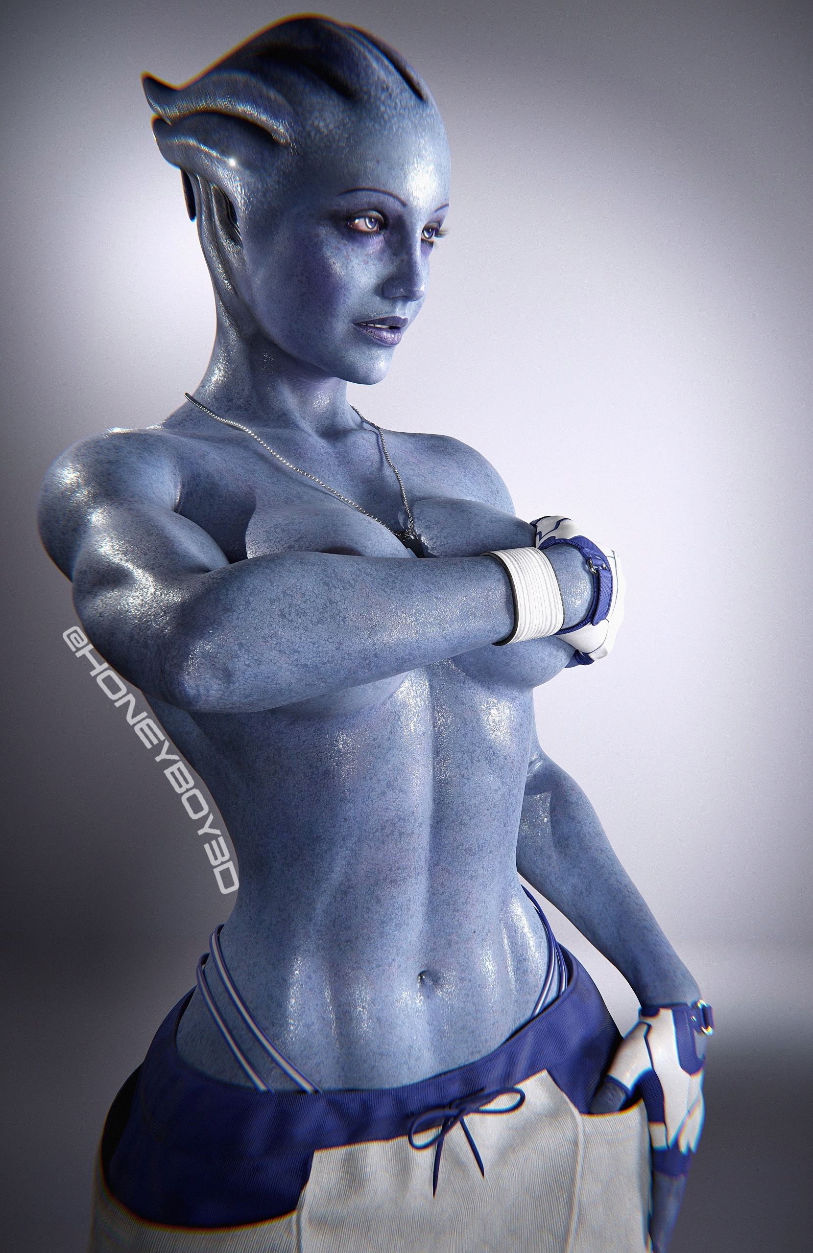 1female, 3d, alien, artist name, asari, big breasts, blue skin, dog tags, female, female only, fit, fit female, gloves, half naked, honeyboy3d, liara t'soni, mass effect, panties, pants, posing, self upload, semi nude, small waist
