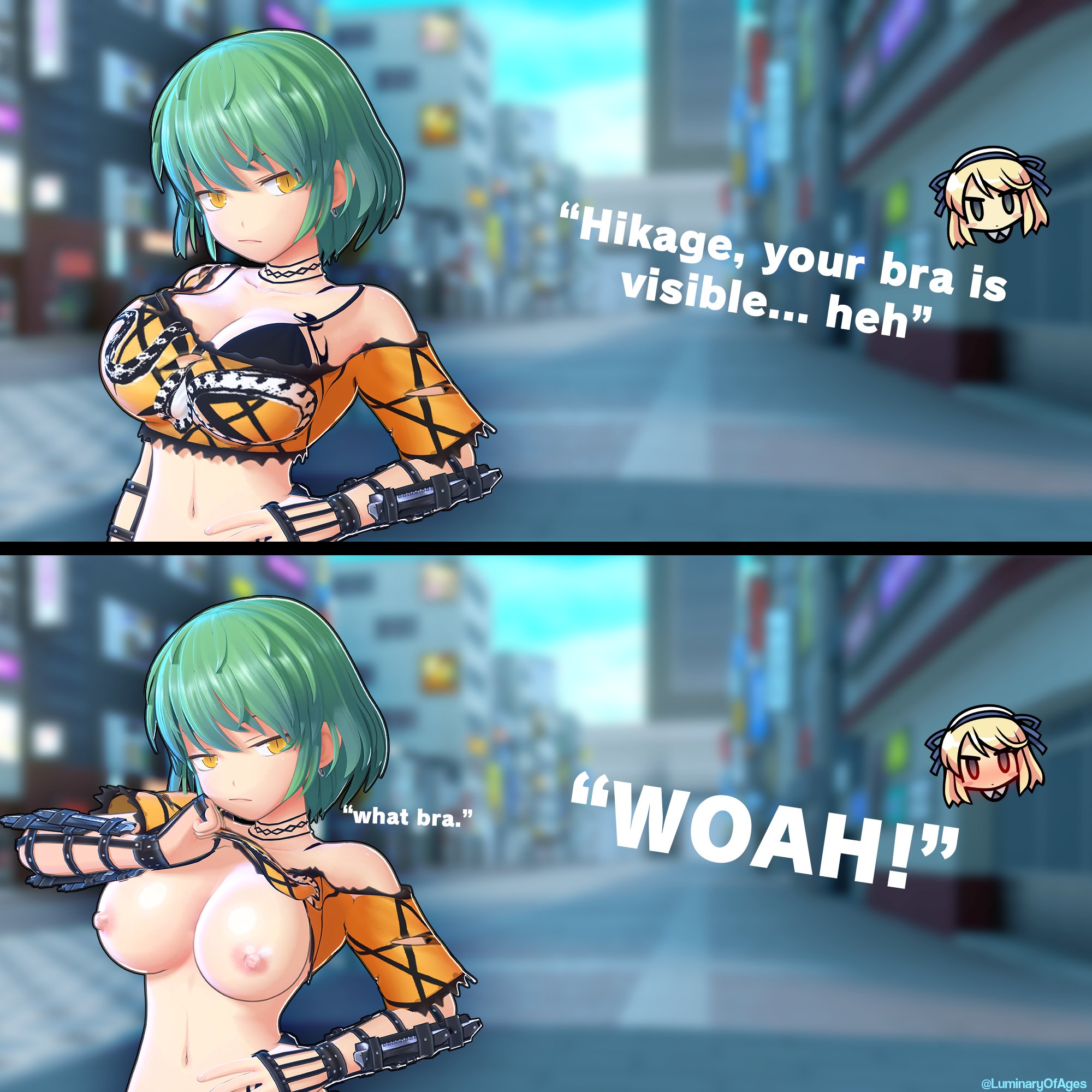 2girls, 3d, artist name, bare shoulders, big breasts, black bra, blonde female, blonde hair, blurry, blurry background, blush, bra, bra strap is showing (meme), breasts, chibi, cleavage, clothes lift, clothes pull, earring, emotionless, emotionless female, english text, gauntlets, green hair, hand on own hip, hikage (senran kagura), katsuragi (senran kagura), luminaryofages, marvelous, meme, multiple girls, nipples, orange eyes, orange shirt, senran kagura, shirt lift, shirt pull, short hair, snake eyes, tagme, tattoo, tattoo on neck, text, your bra strap is showing (meme)