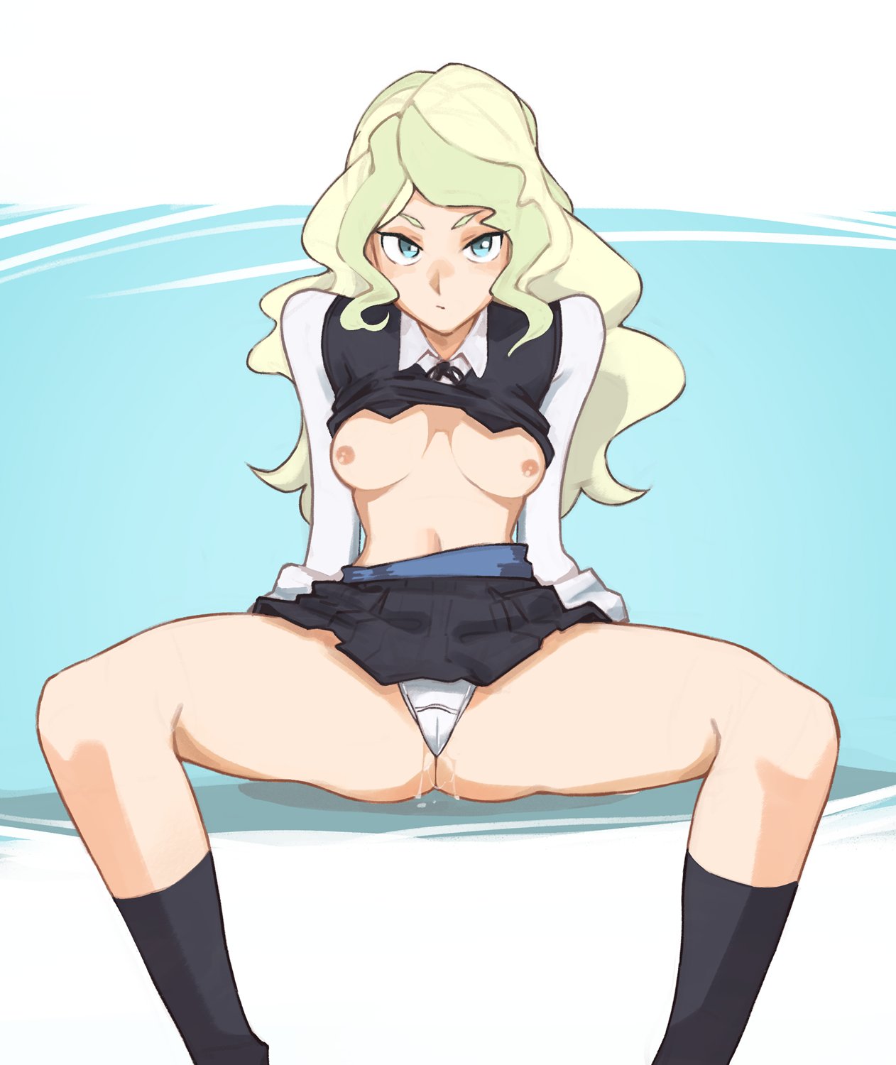 1girl, blonde hair, blue eyes, breasts, cameltoe, cardigan, clothes lift, diana cavendish, dripping, green hair, highres, little witch academia, long hair, looking at viewer, luna nova school uniform, medium breasts, multicolored hair, nipples, panties, pussy juice, school uniform, shirt lift, skirt, skirt lift, socks, spread legs, thighs, toastitos, two-tone hair, underwear, wavy hair, white panties, witch