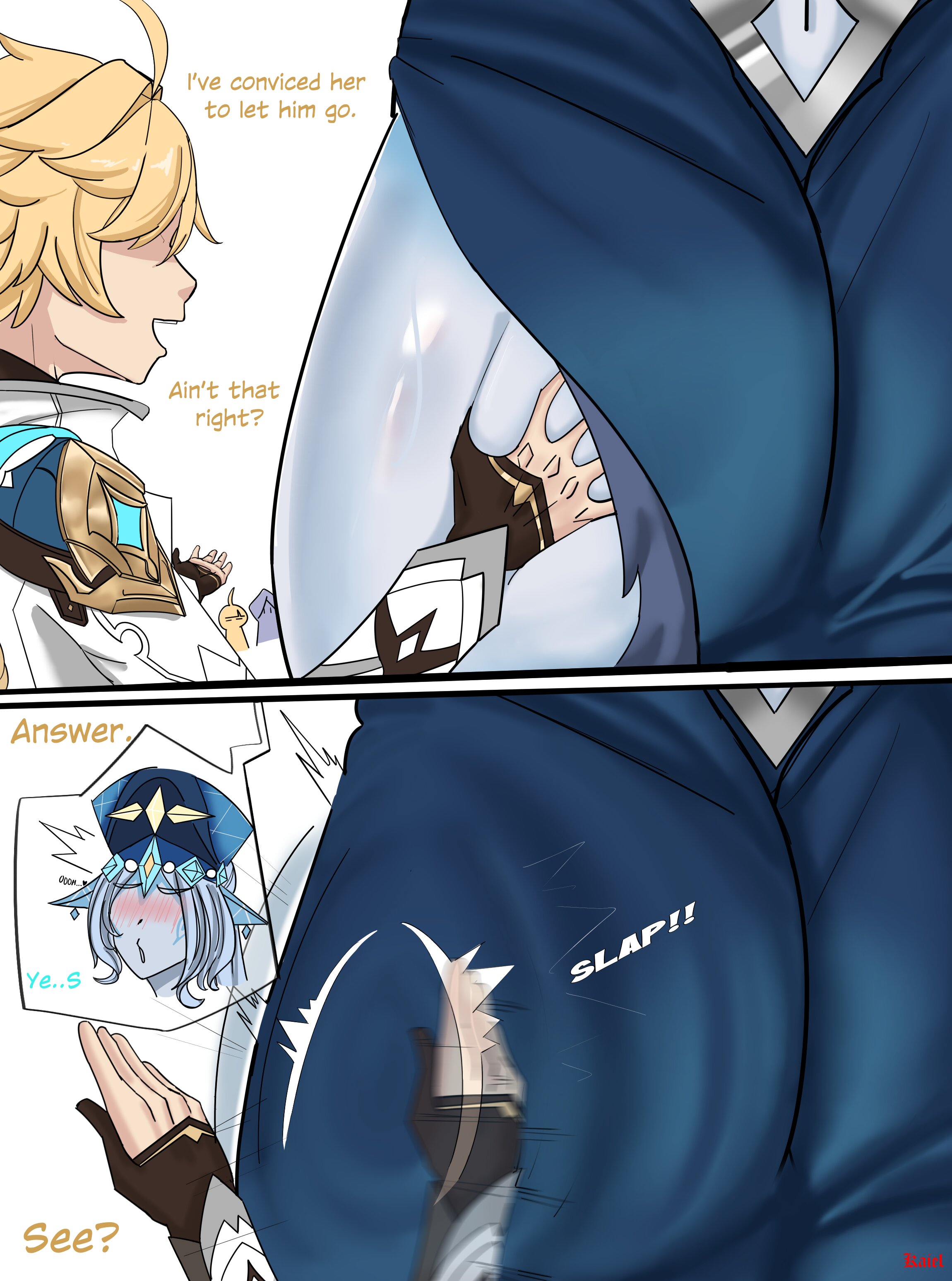 1boy, 1girls, aether (genshin impact), age difference, ass, ass grab, ass slap, big breasts, blonde hair, blue hair, color, cryomancer, dialogue, drawing, dress, elf ears, english text, fat ass, genshin impact, horny female, imminent sex, kaiel (artist), long hair, mihoyo, npc, npc (genshin impact), pleasure face, straight, taller female, text, thick thighs