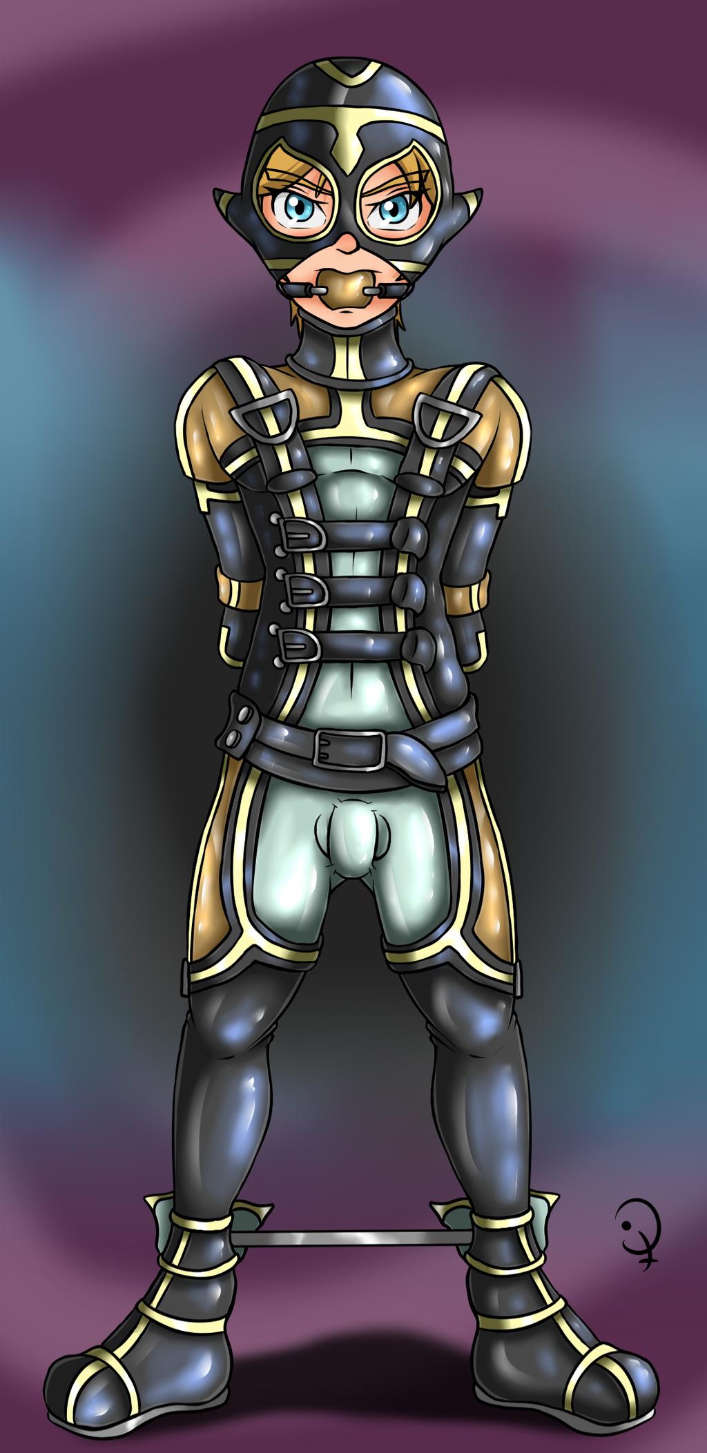 1boy alternate_version_available ankles_bound armbinder arms_behind_back ball_gag bodysuit bondage breath_of_the_wild bulge gimp_mask hood hooded kurttype5 latex link male_only nintendo rubber rubber_armor rubber_suit rubber_tights solo_focus the_legend_of_zelda