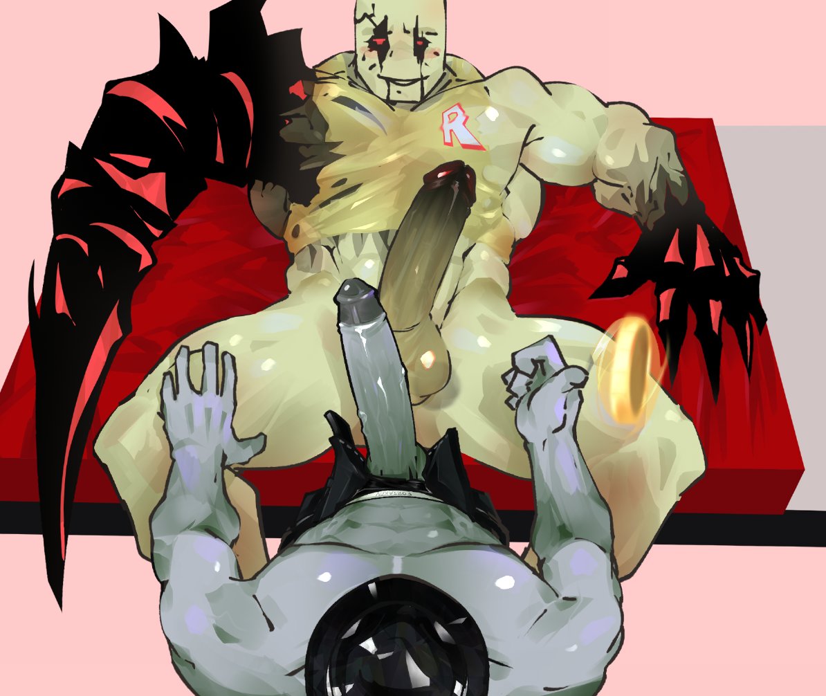 1x1x1x1 (forsaken), 2boys, 2d (artwork), 5 fingers, artist request, balls, bara, bed, black penis tip, chance (forsaken), claws, coin, corrupted arm, corruption, deformed arm, fedora, forsaken (roblox), gray skin, john doe (forsaken), laying down, laying on bed, male, male only, muscular, muscular male, open pants, pale skin, pants, penis, penis touching penis, red eyes, roblox, roblox game, roblox logo, robloxian, simple background, spread legs, tagme, teasing, teasing penis, top view