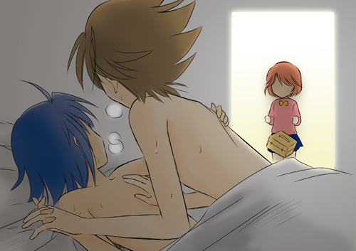 1girls 2boys aichi_sendo bed bedroom cardfight!!_vanguard caught caught_in_the_act emi_sendo femboy gay girly implied_sex nude on_bed tagme toshiki_kai yaoi