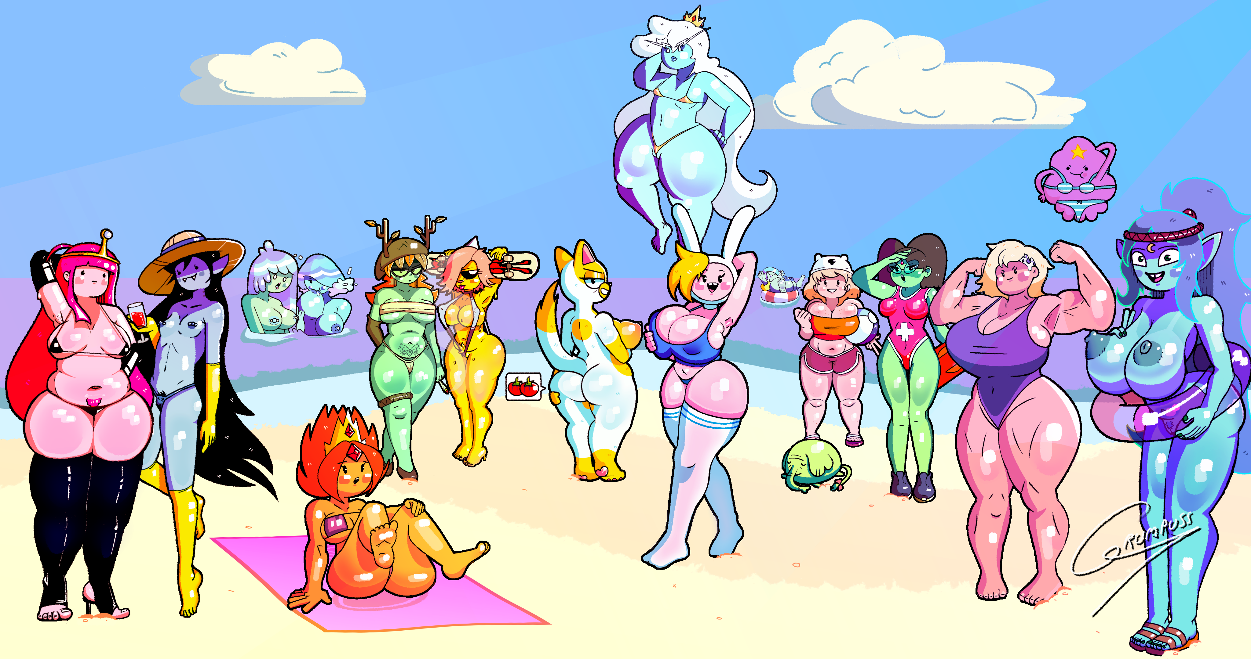 2025, adventure time, anthro, ass, beach, big breasts, bikini, bronwyn, cake the cat, canyon (adventure time), chubby female, cute, doctor princess, exhibitionism, feet, feet up, female only, fionna the human girl, flame princess, furry, grumpuss, huntress wizard, ice queen (adventure time), lumpy space princess, marceline, marceline the vampire queen, minerva campbell, princess bubblegum, public, public exposure, public nudity, sand, skinny female, small breasts, smoking, susan strong, water nymph