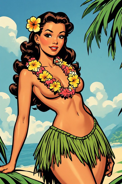 ai_generated beach beach_background black_eyes brown_hair convenient_censoring dark-skinned_female dark_skin flat_belly flower flower_necklace grass_skirt hawaiian long_hair medium_breasts navel no_bra no_panties ocean red_lipstick retro_artstyle sand sky sky_background slim_waist thick_thighs wide_hips