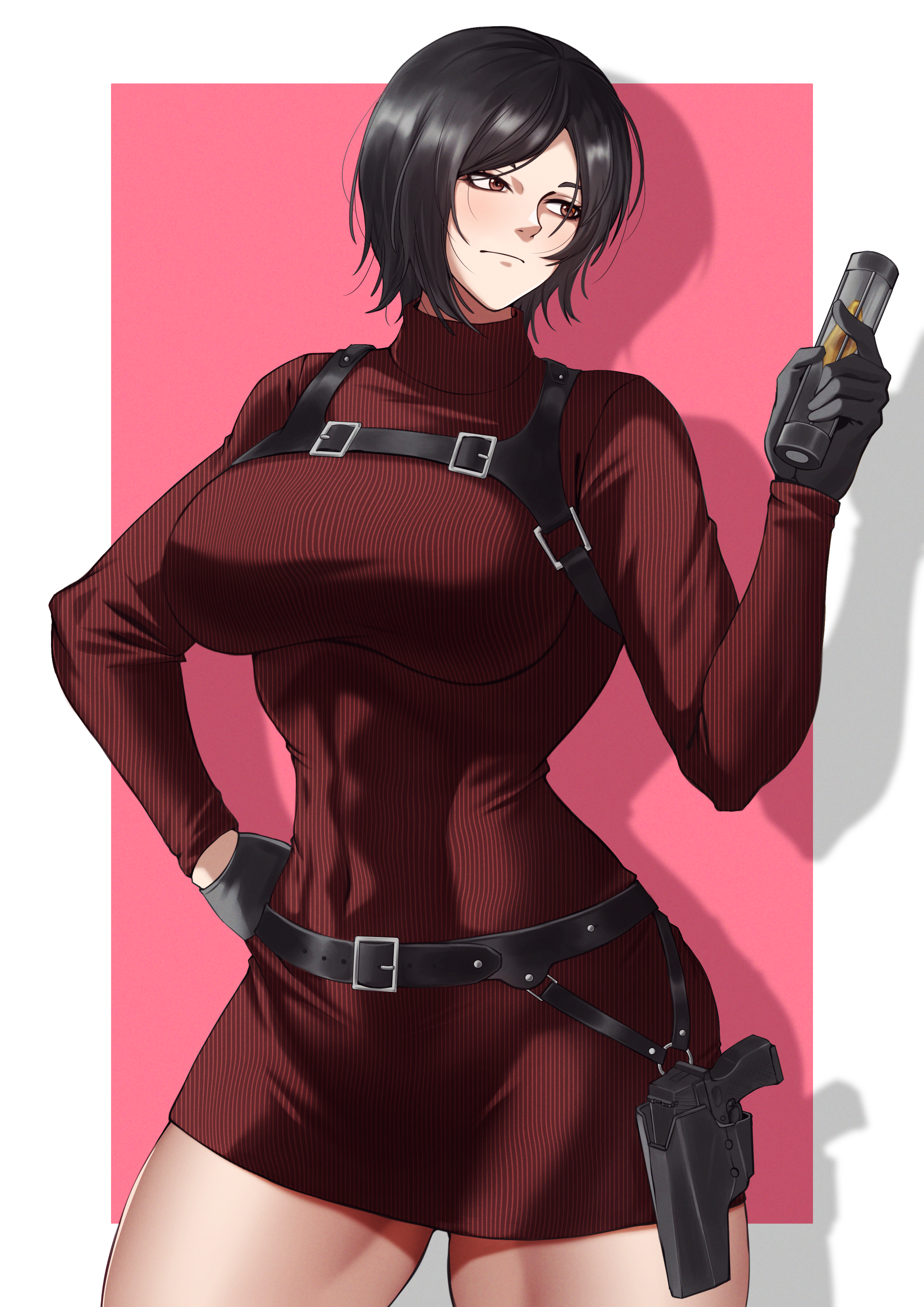 1girls, 2k, abs, abs visible through clothing, absurdres, ada wong, bare legs, beautiful woman, belt, big breasts, black gloves, black hair, breasts, commentary request, covered abs, covered navel, disinterested, dominant female, dress, emotionless female, fax61209, female, female only, gloves, gun, hand on hip, hand on own hip, highres, hips, hips wider than shoulders, huge breasts, indifferent, leaning to the side, looking away, mature woman, medium hair, missing legwear, mommy, muscular female, muscular thighs, red eyes, red sweater, resident evil, resident evil 4, resident evil 4 remake, short hair, solo, straps, straps across chest, sweater, sweater dress, toned, toned female, uncaring, uncaring female, uninterested, uninterested female, weapon