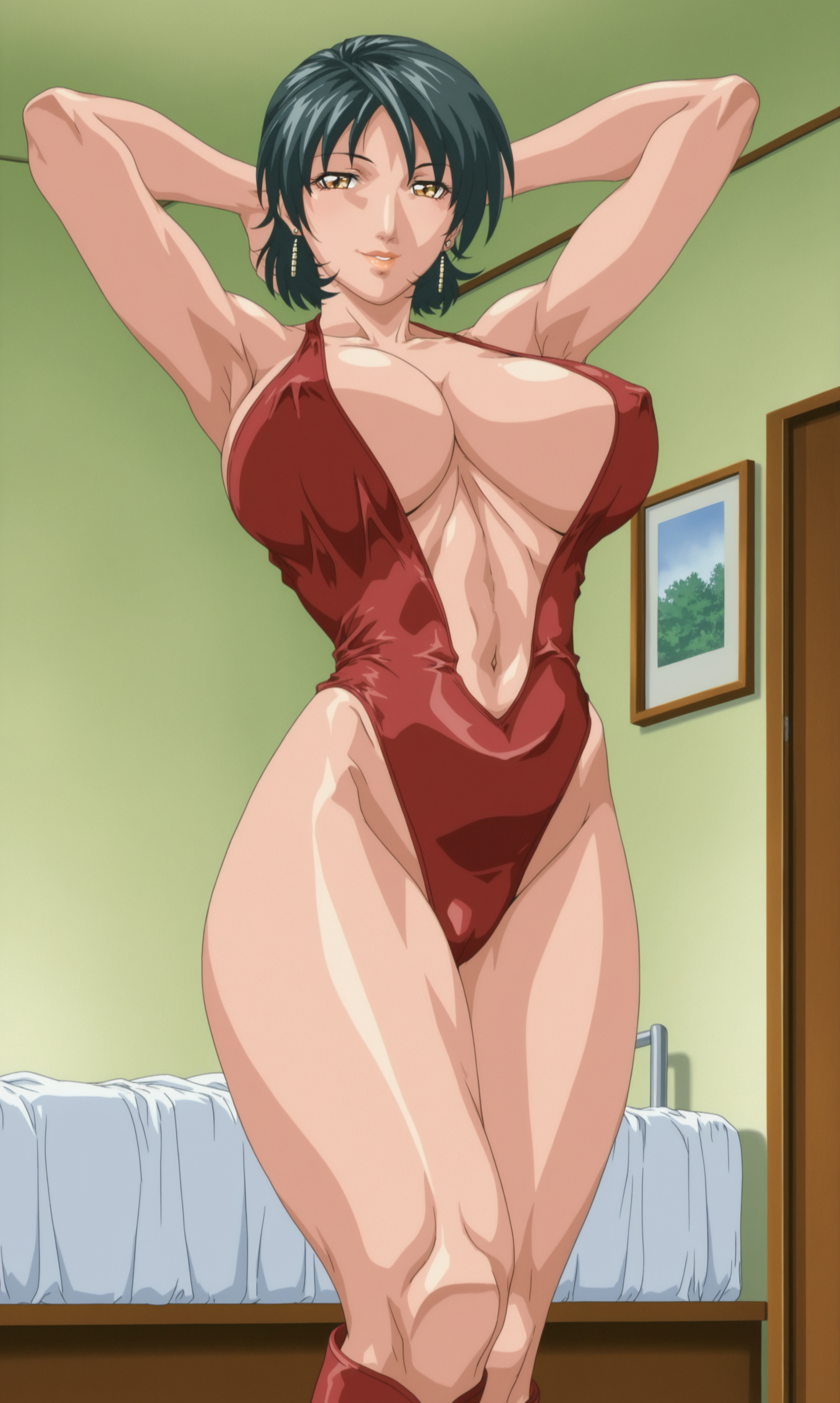 1girls, ai generated, alternate costume, armpits, arms behind head, arms up, bedroom, before sex, bible black, bible black only, black hair, blush, boots, breasts, cameltoe, center opening, cleavage, curvaceous, curvy, curvy body, curvy female, curvy figure, erect nipples, erect nipples under clothes, faithful to the anime, faustlikeai, feet out of frame, female, female focus, female only, horny, horny female, indoors, jewelry, large breasts, legs together, leotard, lingerie, lipstick, long boots, looking at viewer, makeup, mature, mature female, minase yukiko, mostly nude, nipple bulge, nipples, parted lips, partially clothed, pinup, revealing clothes, seducing, seductive, seductive body, seductive expression, seductive eyes, seductive female, seductive gaze, seductive look, seductive mouth, seductive pose, seductive smile, sexy, sexy body, sexy female, sexy pose, short hair, skimpy, skimpy clothes, solo, tights, voluptuous, voluptuous female, wide hips