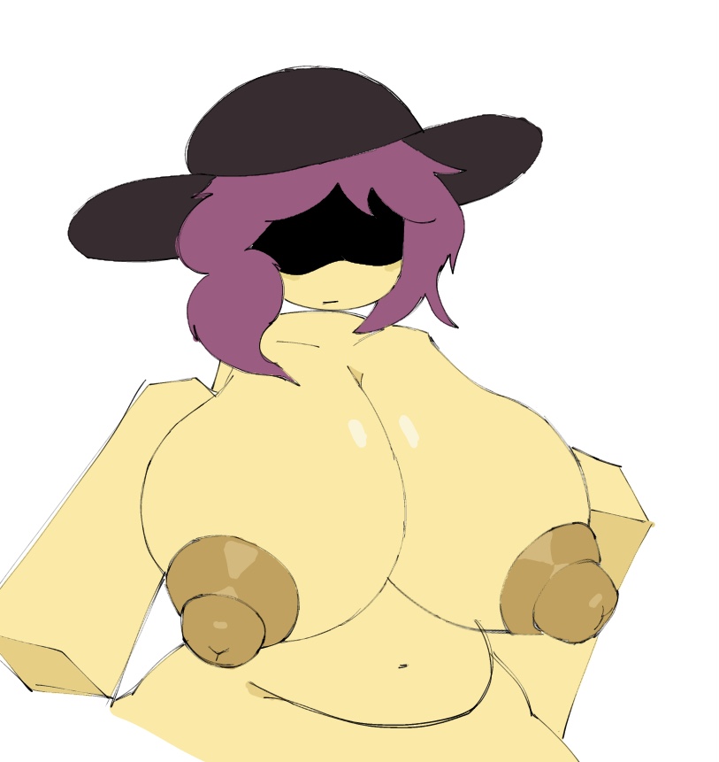 1girls, artist request, big breasts, big nipples, blocky body, breasts, breasts bigger than head, chubby, chubby female, forsaken (roblox), hat, jane doe (forsaken), pink hair, roblox, roblox game, robloxian, shadow over eyes, solo, source request, tagme, yellow body, yellow skin