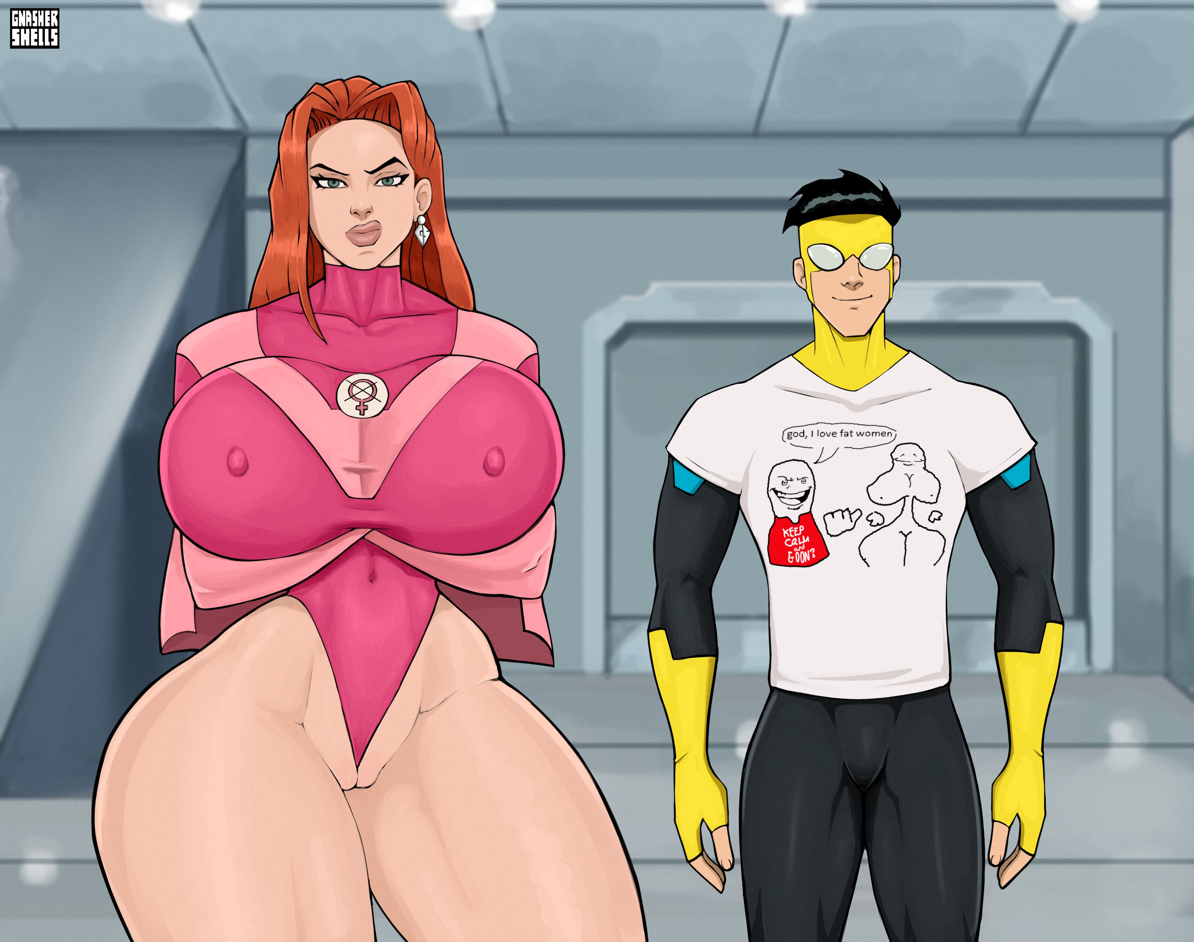 1boy, 1girls, atom eve, breasts, female, gnashershells, huge breasts, invincible, invincible (superhero), invincible (tv series), large breasts, light skin, light-skinned female, looking at viewer, male, mark grayson, meme, nipple bulge, samantha eve wilkins, thick thighs, thighs, wide hips