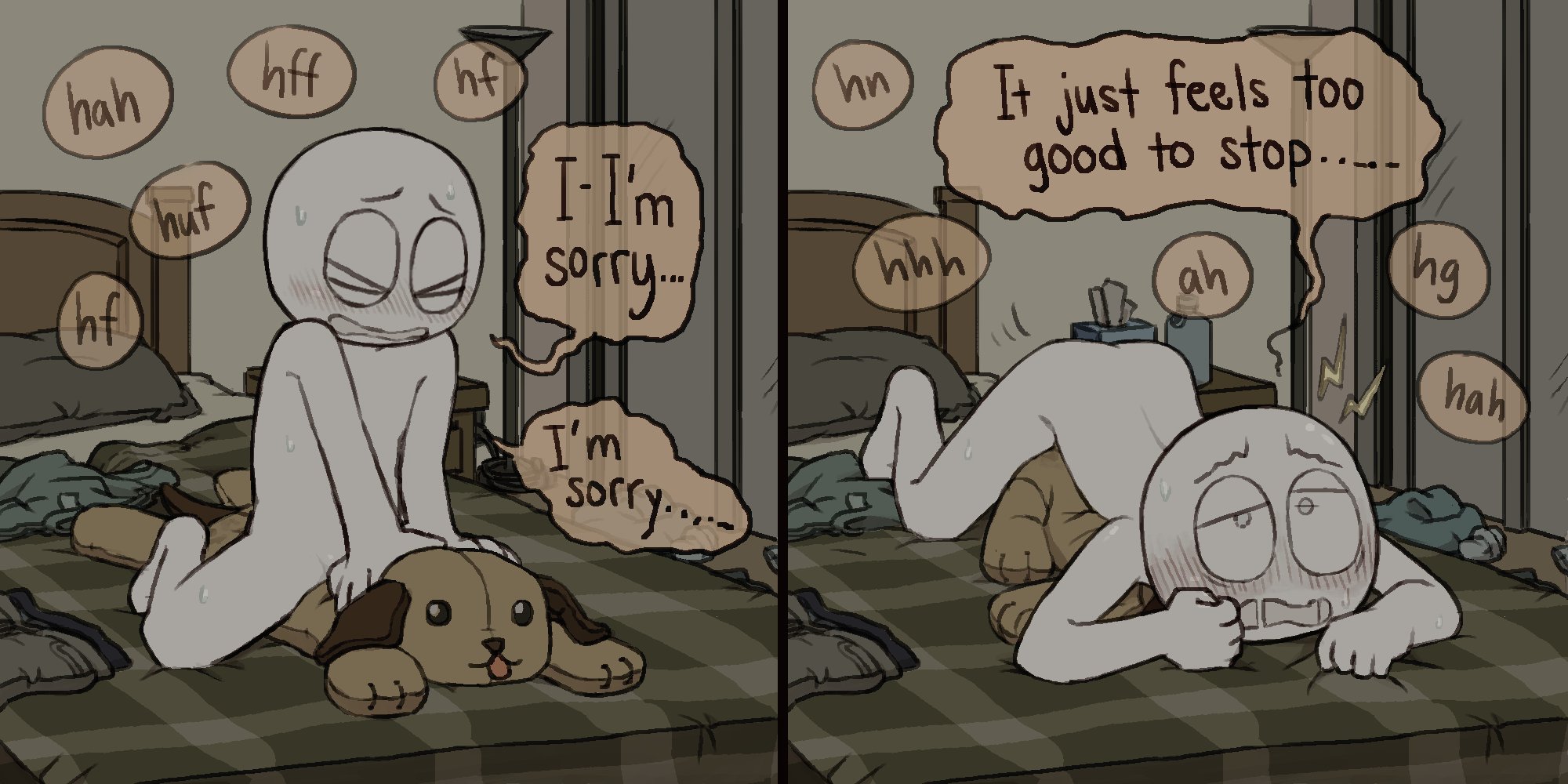 anal, blush, dialogue, dog plushie, english text, homunculus100, male, open mouth, pillow, plushophilia, solo, toony, toony face