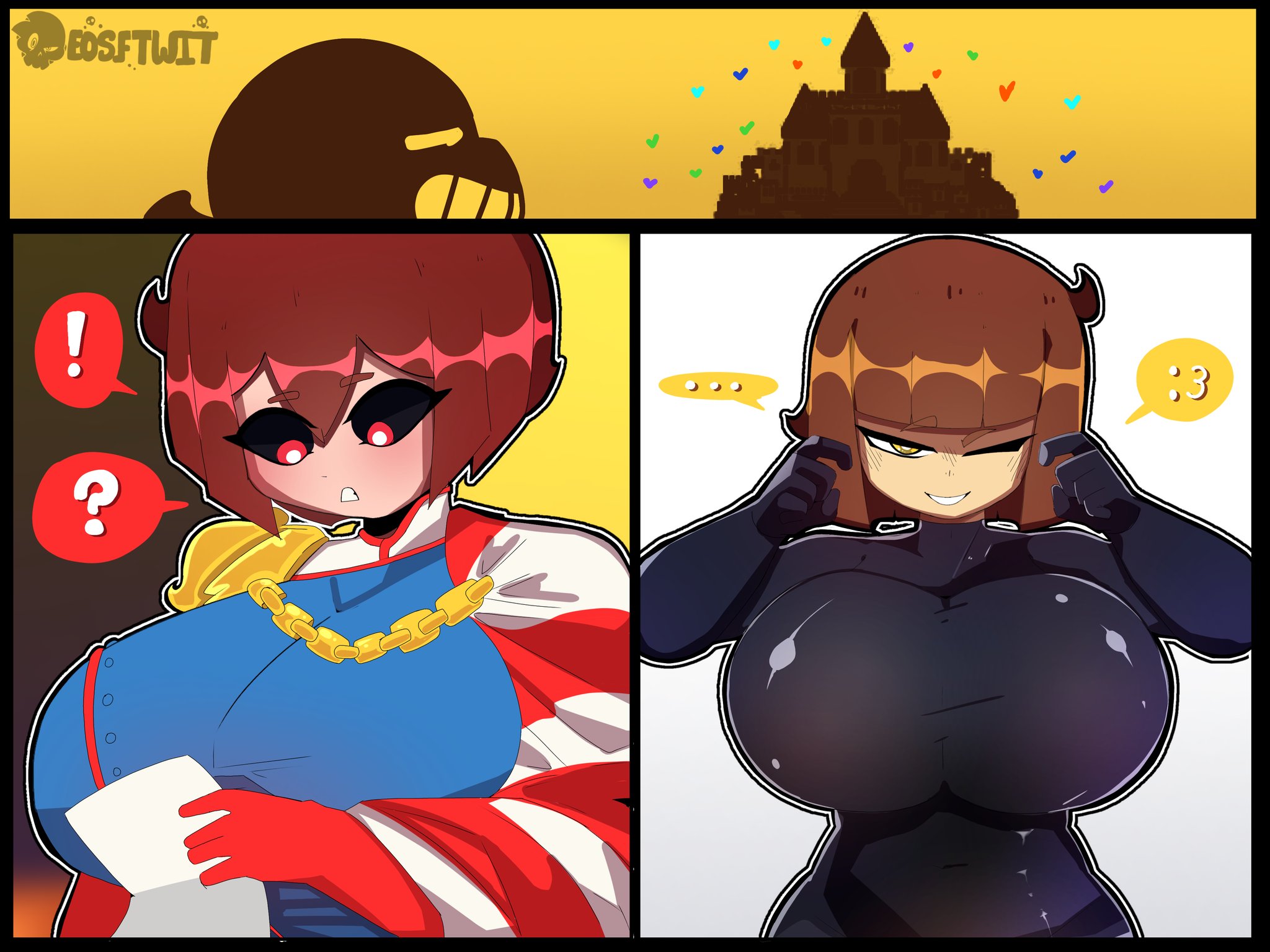 1boy, 2girls, big breasts, billy butcher (cosplay), breasts, chara, chara (undertale), eosftwit, excuse me sir, female, female chara, female frisk, frisk, frisk (undertale), homelander (cosplay), huge breasts, human soul, human souls, meme, meme reference, sans, text, the boys, undertale, undertale (series)