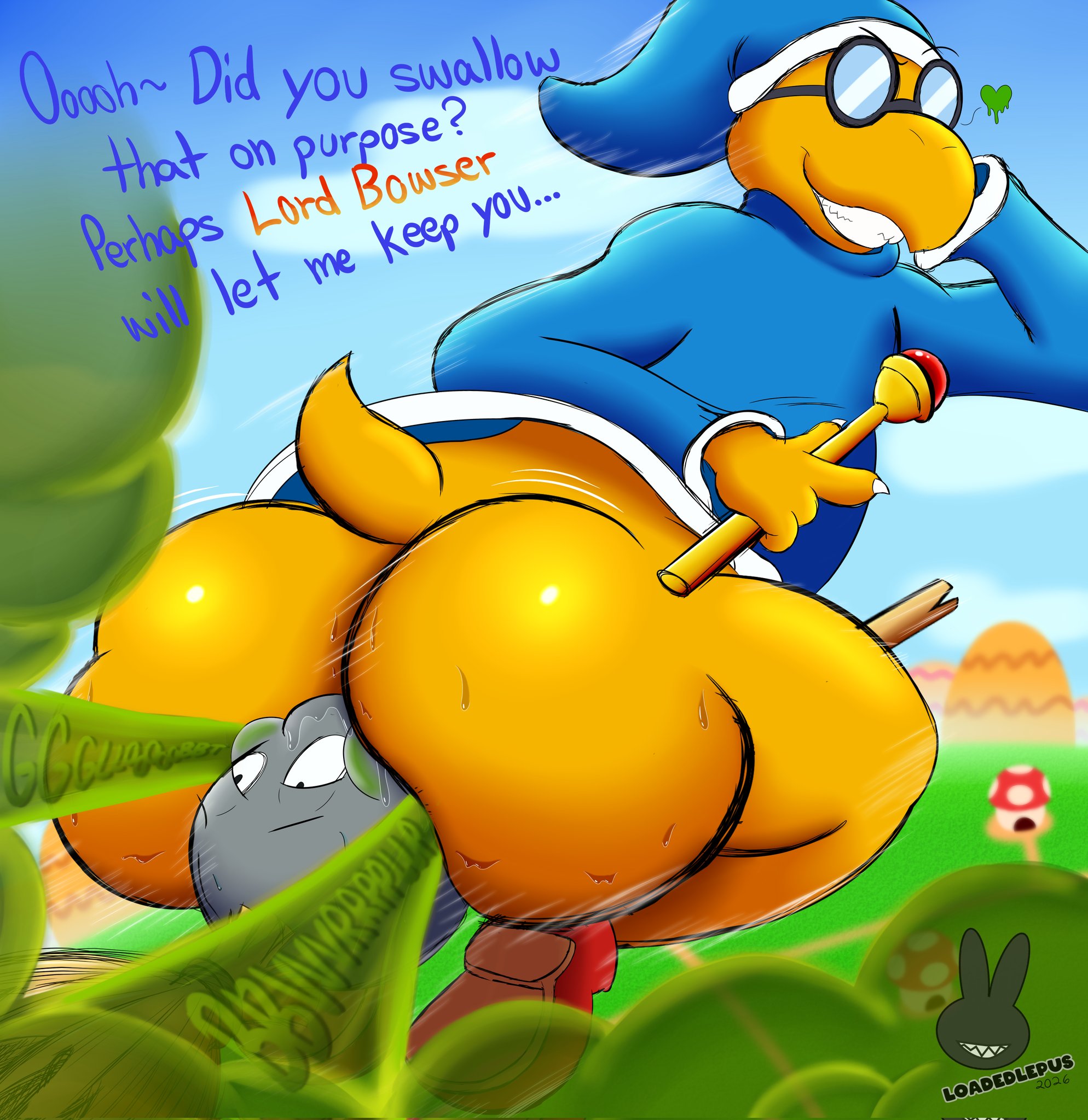 2boys, 2d, anon, ass, ass focus, ass in face, big ass, big butt, big butt (male), boots, broom, detailed background, english text, face in ass, facefart, facesitting, fart, fart fetish, farting, farting in face, farting in mouth, farting on another, fat ass, fat thighs, femboy, flying, footwear, gay, girly, glasses, green fart, hat, headwear, heart, highres, huge ass, huge thighs, human, kamek, koopa, loadedlepus, looking back, magikoopa, male, male fart, male focus, male only, male/male, mario (series), mouthfarting, no genitals, no sex, nonhuman, onomatopoeia, open mouth, robe, scalie, scalie male, short tail, sitting, sitting on face, sitting on person, super mario bros., swallowing, swallowing fart, swamp ass, sweat, sweaty, sweaty ass, tail, taunting, text, thick thighs, thighs, turtle, twitter link, watermark