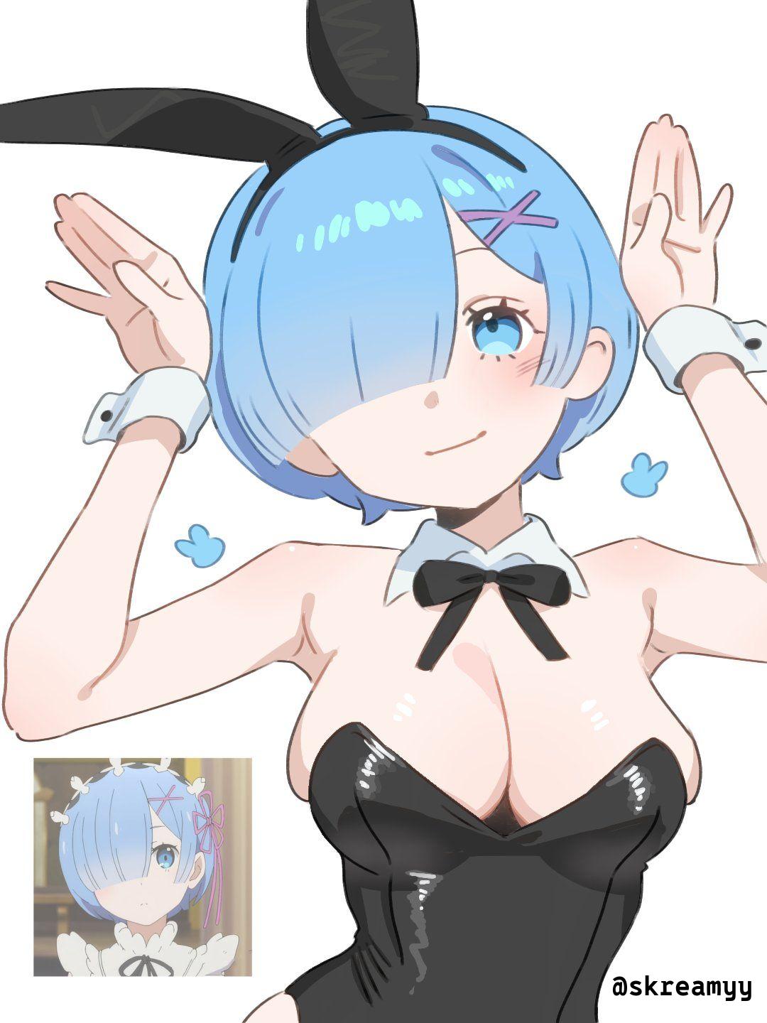 1girls, 2d, 2d (artwork), 2d artwork, arm above head, arm up, armpit, armpit crease, armpit peek, armpits, arms above head, arms up, bare armpits, bare arms, bare chest, bare hands, bare shoulders, bare skin, big boobs, big breasts, black bowtie, black bunny ears, black bunnysuit, black hairband, black leotard, black topwear, blue eyes, blue hair, blue-eyed female, blue-haired female, bowtie, breasts, bunny costume, bunny ears, bunny pose, bunnygirl, bunnygirl outfit, bunnysuit, busty, busty female, busty girl, busty teen, busty teenager, cleavage, closed mouth smile, collar, collarbone, digital, digital art, digital drawing, digital drawing (artwork), digital media, digital media (artwork), drawing, elbows, exposed armpits, exposed arms, exposed chest, exposed shoulders, exposed skin, eyebrows hidden by hair, female, female focus, female only, fingers, hair covering eye, hair over eye, hair over one eye, hairless armpits, hand above head, hand up, hands above head, hands up, head tilt, high resolution, highres, large boobs, large breasts, lean figure, leotard, light smile, looking at viewer, narrow waist, posing, posing for the viewer, presenting armpit, rabbit pose, re:zero kara hajimeru isekai seikatsu, rem (re:zero), shaved armpits, shiny breasts, shiny hair, shiny shoulders, shiny skin, short hair, shoulders, simple background, skindentation, skreamyy, slender body, slender waist, slight smile, slim female, slim waist, smile, smiley face, smiling, smiling at viewer, solo, standing, teen girl, teenage girl, teenage tits, teenager, tilted head, topwear, upper body, white background, white collar, white wrist cuffs, wrist cuffs, young female, young woman