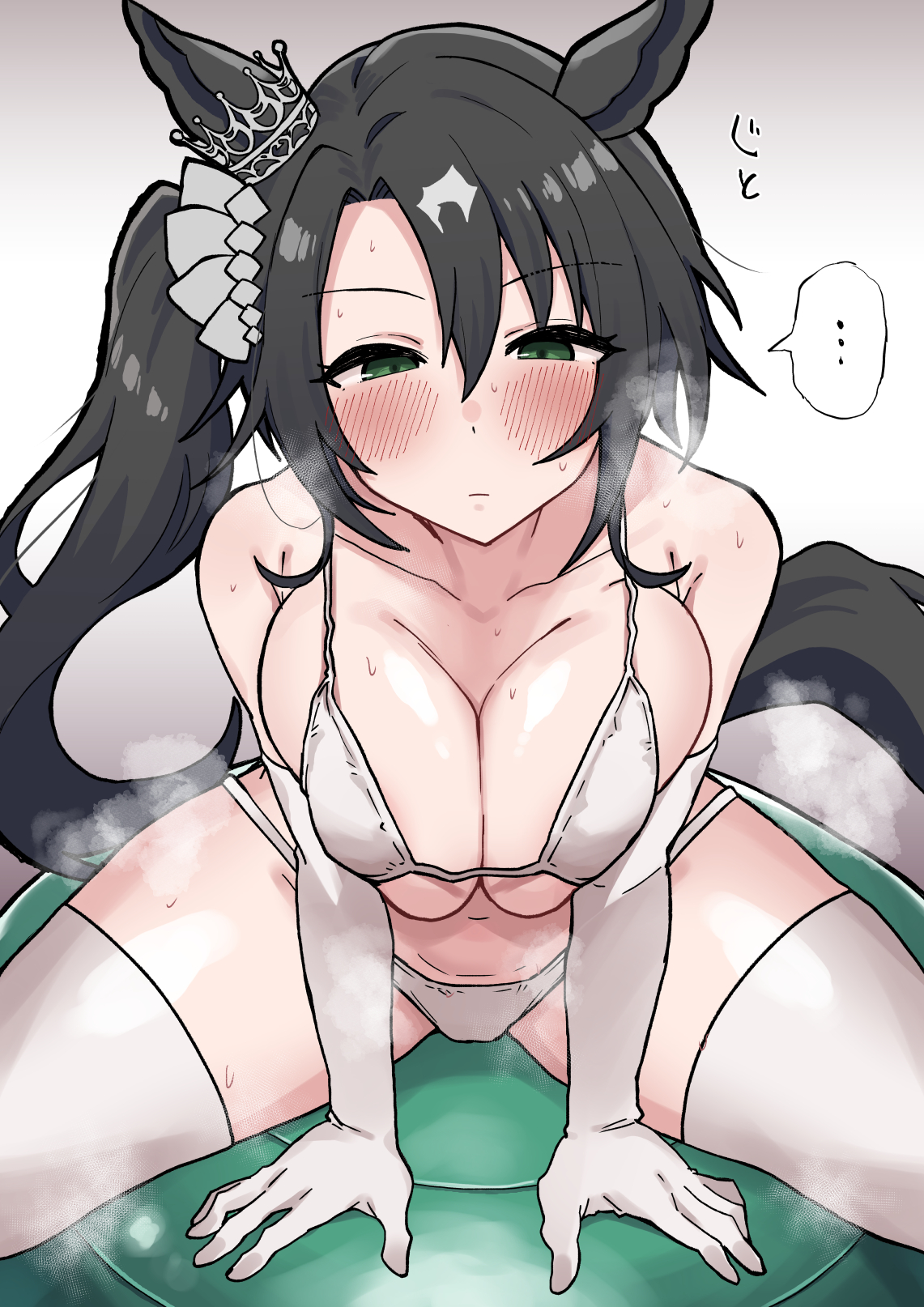 ..., 1girls, bikini, black hair, blush, crown, elbow gloves, exercise ball, female, gloves, green eyes, horse ears, horse girl, horse tail, japanese text, legwear, long hair, satono crown (umamusume), shimiya (aokuchi), side ponytail, solo, solo female, stockings, streaked hair, sweat, tail, thighhighs, umamusume, white bikini, white legwear, white streak