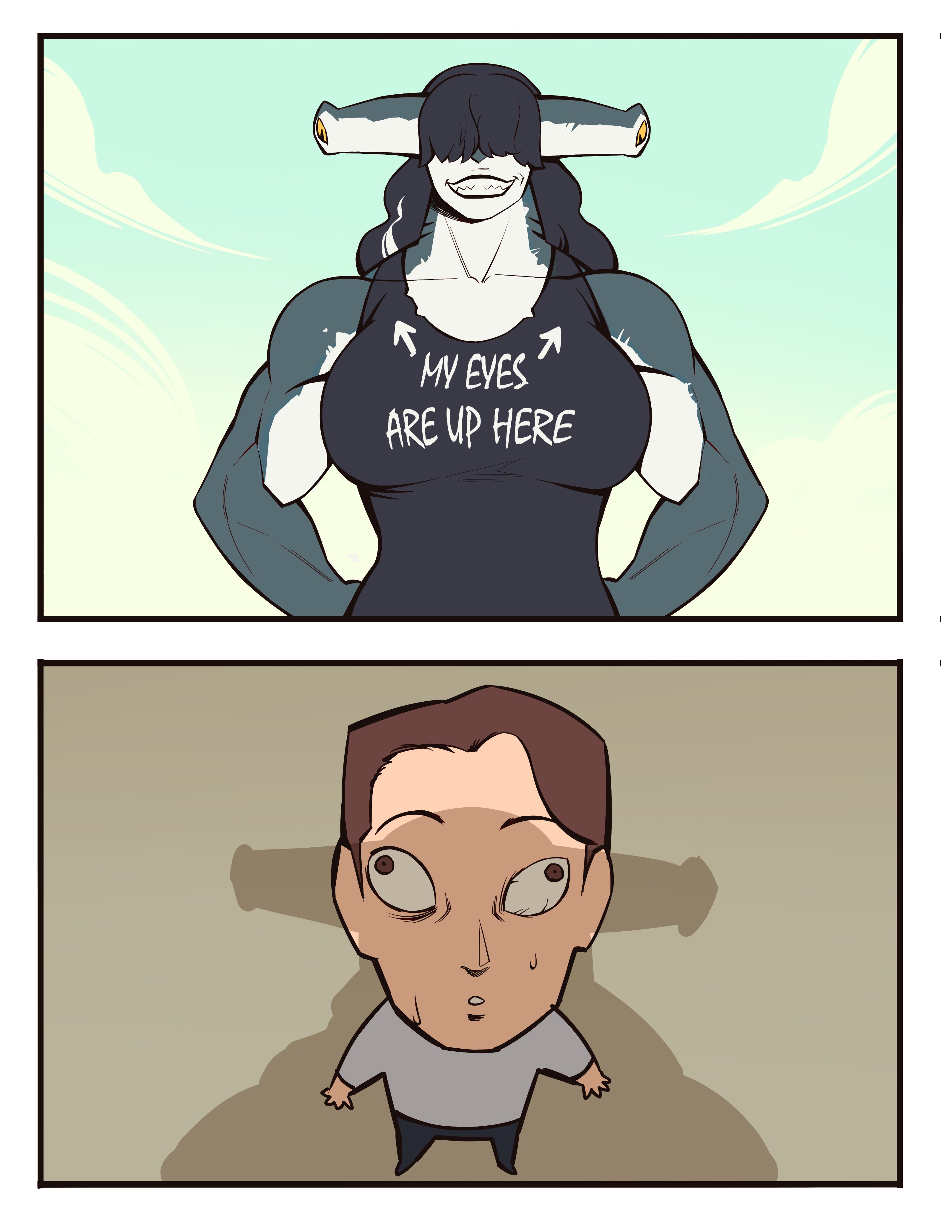 1boy, 1girls, 2koma, biceps, big breasts, black hair, bonnymama7, boonie baby, caught staring, clothes writing, directional arrow, english text, eyes far apart, funny, grin, hammerhead shark, jerma985, large breasts, long hair, muscular, muscular female, my eyes are up here, scalie, shark girl, sharp teeth, solo focus, t-shirt, taller female, teeth