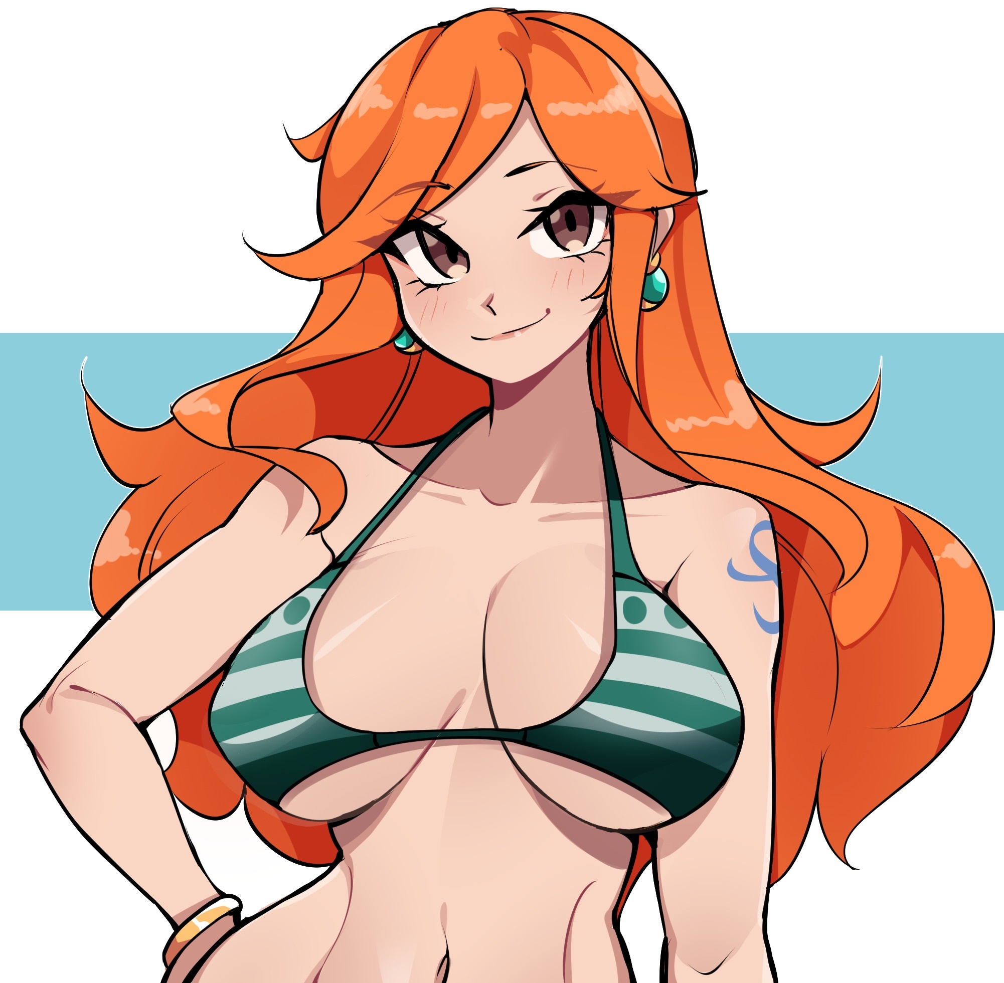 1girls, arm tattoo, big breasts, bikini top, bikini top only, blue tattoo, breasts, brown eyes, cleavage, female, female only, large breasts, long hair, nami (one piece), one piece, oninuer, orange hair, orange-haired female, post-timeskip, smile, solo, tattoo