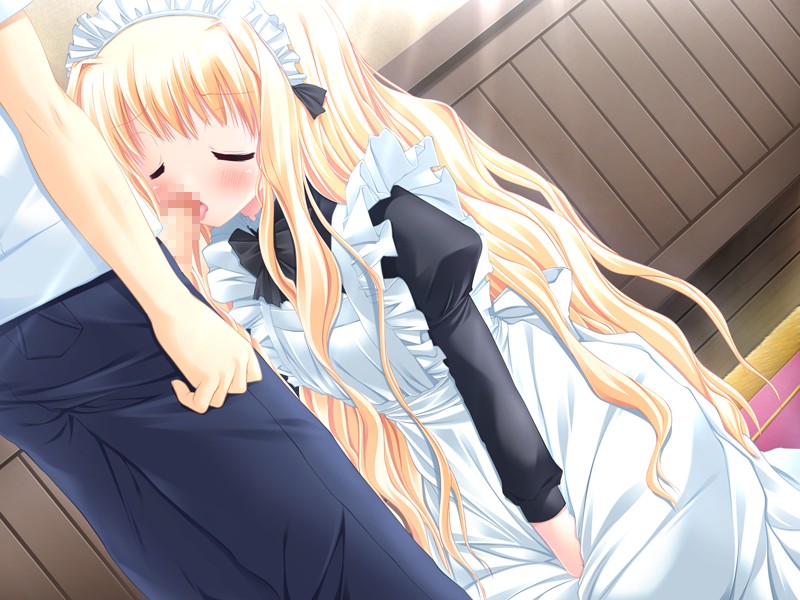 1boy 1girls artist_request blonde_hair blush censored character_request closed_eyes clothing copyright_request fellatio game_cg hair long_hair maid maid_uniform open_mouth oral penis straight tongue tongue_out white_skin