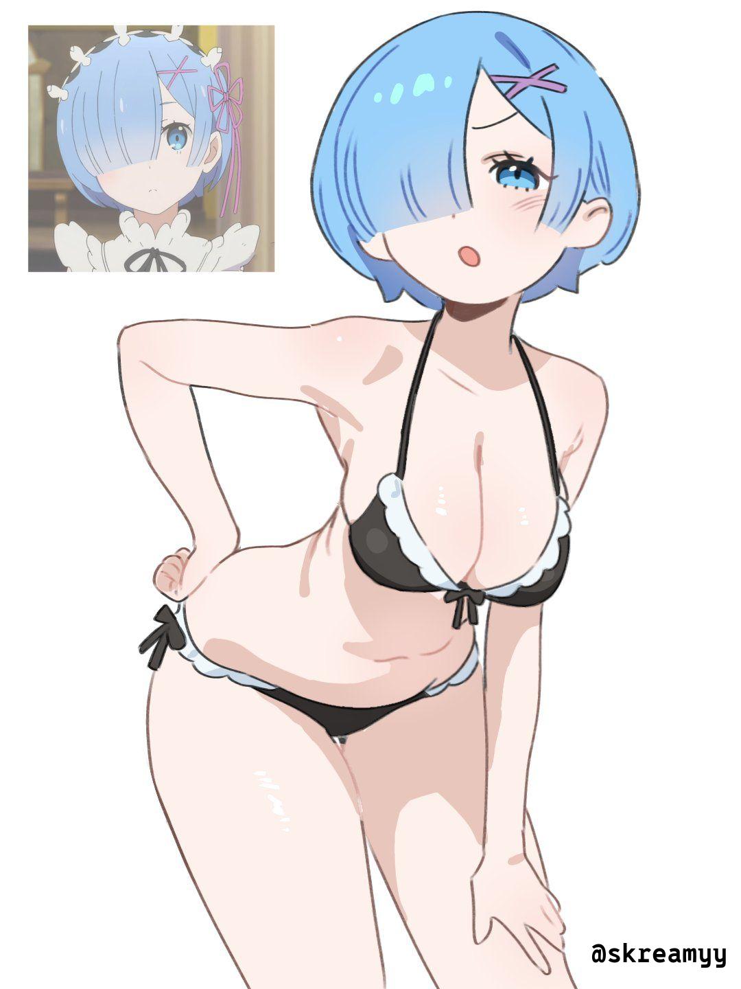 :p, 1girls, 2d, 2d (artwork), 2d artwork, almost naked, almost nude, armpit, armpit crease, armpit peek, armpits, bare armpits, bare arms, bare belly, bare chest, bare hands, bare hips, bare legs, bare midriff, bare navel, bare shoulders, bare skin, bare thighs, belly, belly button, bent forward, bent over, big boobs, big breasts, bikini, bikini bottom, bikini only, bikini top, black bikini, black bikini bottom, black bikini top, black swimsuit, black swimwear, blue eyes, blue hair, blue-eyed female, blue-haired female, blush face, blush lines, blushing, blushing at viewer, blushing female, blushing lines, breasts, busty, busty female, busty girl, busty teen, busty teenager, cleavage, collarbone, curvaceous, curvaceous body, curvaceous female, curvaceous figure, curvaceous hips, curvaceous teenager, curvy, curvy body, curvy female, curvy figure, curvy hips, curvy teen, digital, digital art, digital drawing, digital drawing (artwork), digital media, digital media (artwork), drawing, elbows, exposed, exposed armpits, exposed arms, exposed belly, exposed chest, exposed hips, exposed legs, exposed midriff, exposed navel, exposed shoulders, exposed skin, exposed thighs, eyebrows hidden by hair, female, female focus, female only, fingers, flushed, flushed face, frown, frown eyebrows, frowning, frowning at viewer, groin, hair covering eye, hair over eye, hair over one eye, hairless armpits, half naked, half nude, halterneck, hand on hip, hand on leg, hand on own hip, hand on own leg, hand on own thigh, hand on own waist, hand on thigh, hand on waist, head tilt, high resolution, highres, hourglass figure, large boobs, large breasts, lean figure, leaning, leaning forward, looking at viewer, midriff, mostly nude, naked, naked female, naked woman, narrow waist, navel, nearly nude, nude, nude female, nudity, open mouth, parted lips, partially undressed, practically nude, re:zero kara hajimeru isekai seikatsu, rem (re:zero), scowl, semi nude, shiny breasts, shiny hair, shiny legs, shiny shoulders, shiny skin, shiny thighs, short hair, shoulders, side-tie bikini, simple background, skreamyy, slender body, slender waist, slim female, slim waist, solo, standing, string bikini, swimsuit, swimwear, teen girl, teenage girl, teenage tits, teenager, thick thighs, thigh gap, thighs, tilted head, tongue, touching hip, touching leg, touching thigh, touching waist, upper body, voluptuous, voluptuous body, voluptuous female, voluptuous figure, voluptuous teenager, voluptuous woman, white background, wide hips, young female, young woman