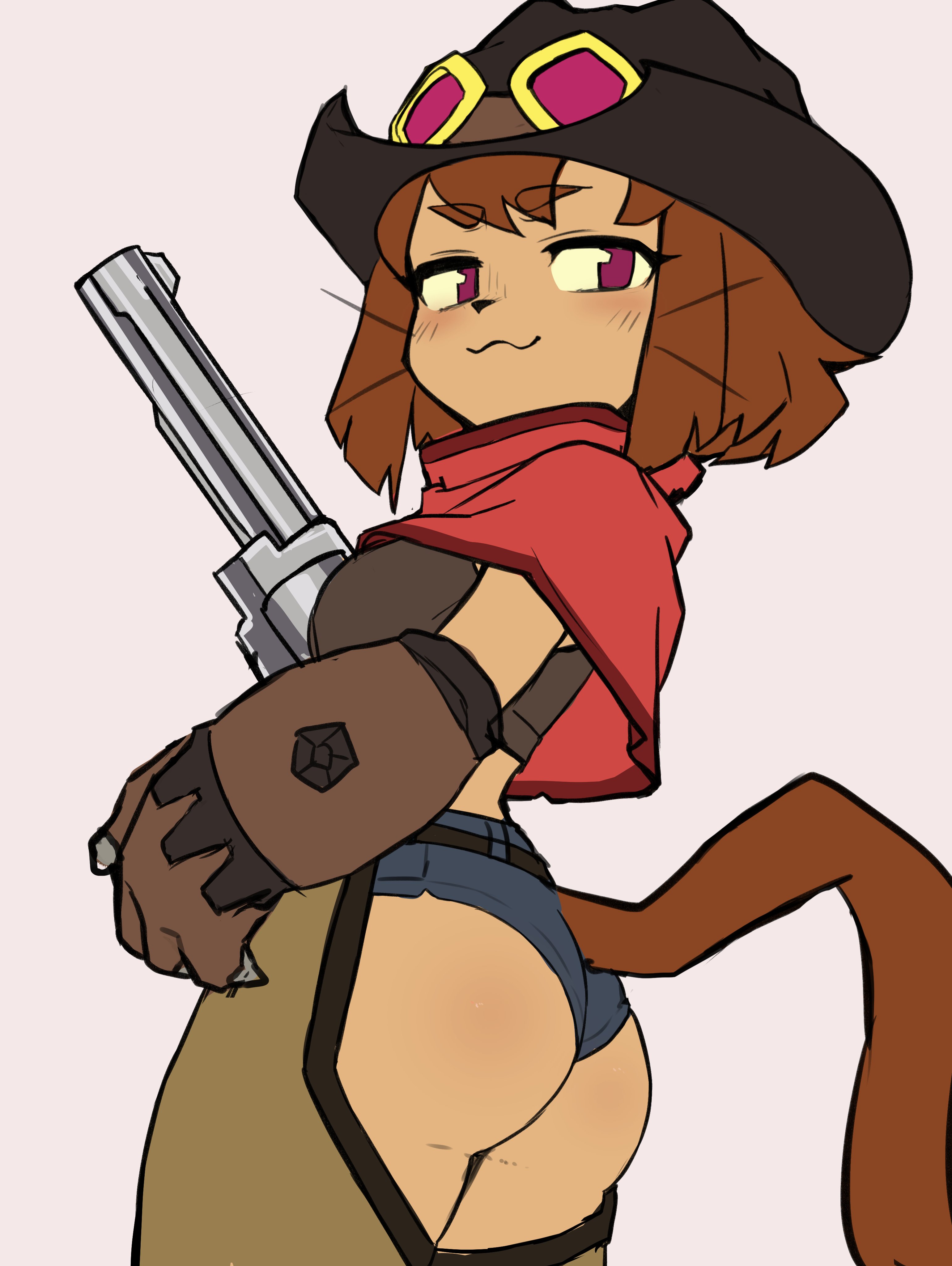 1girls, 2026, 2d, ass, ass focus, brown hair, cat ears, cat tail, catgirl, clothed, clothed female, clothing, cowgirl, cowgirl outfit, feline, female, furry, furry female, furry only, gameoverse, goggles, goggles on head, gun, hair, hat, headwear, kit (gameoverse), lilkon, looking at viewer, plain background, poncho, red eyes, revolver, shorts, solo, white background