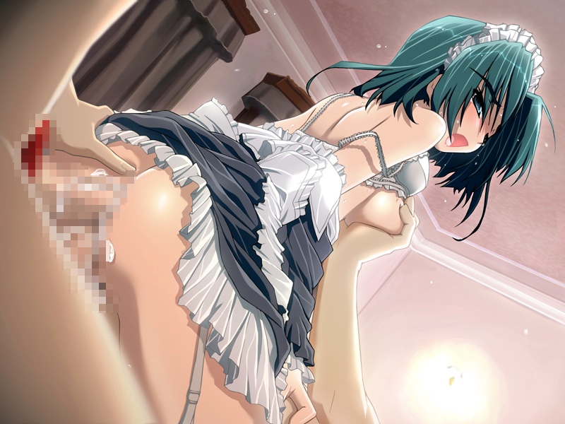 akata_itsuki anal ass_grab ateiriin blush bra breast_grab breasts censored clothed_sex cum double_penetration from_behind game_cg garter_belt garter_straps cowgirl_position hime-sama_ririshiku! lingerie maid open_mouth sex sweat underwear