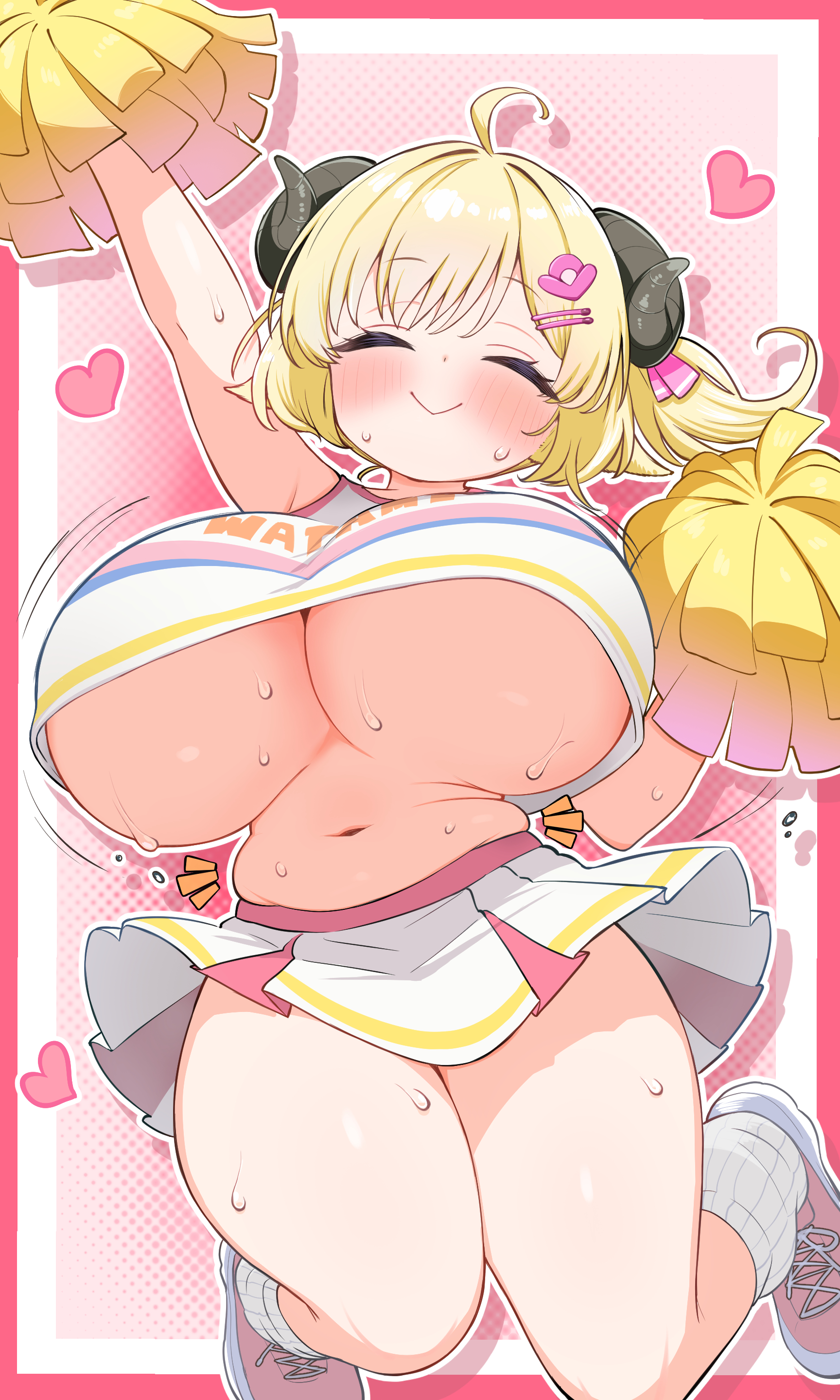 absurdres, arm up, blonde hair, border, breasts, closed eyes, closed mouth, crop top, curled horns, facing viewer, heart, highres, hololive, horns, huge breasts, kani bonara, miniskirt, navel, no bra, pink background, pink border, pink shoes, pom pom (cheerleading), sheep girl, sheep horns, shirt, shoes, skirt, smile, socks, sweat, thick thighs, thighs, tsunomaki watame, underboob, virtual youtuber, white shirt, white skirt, white socks