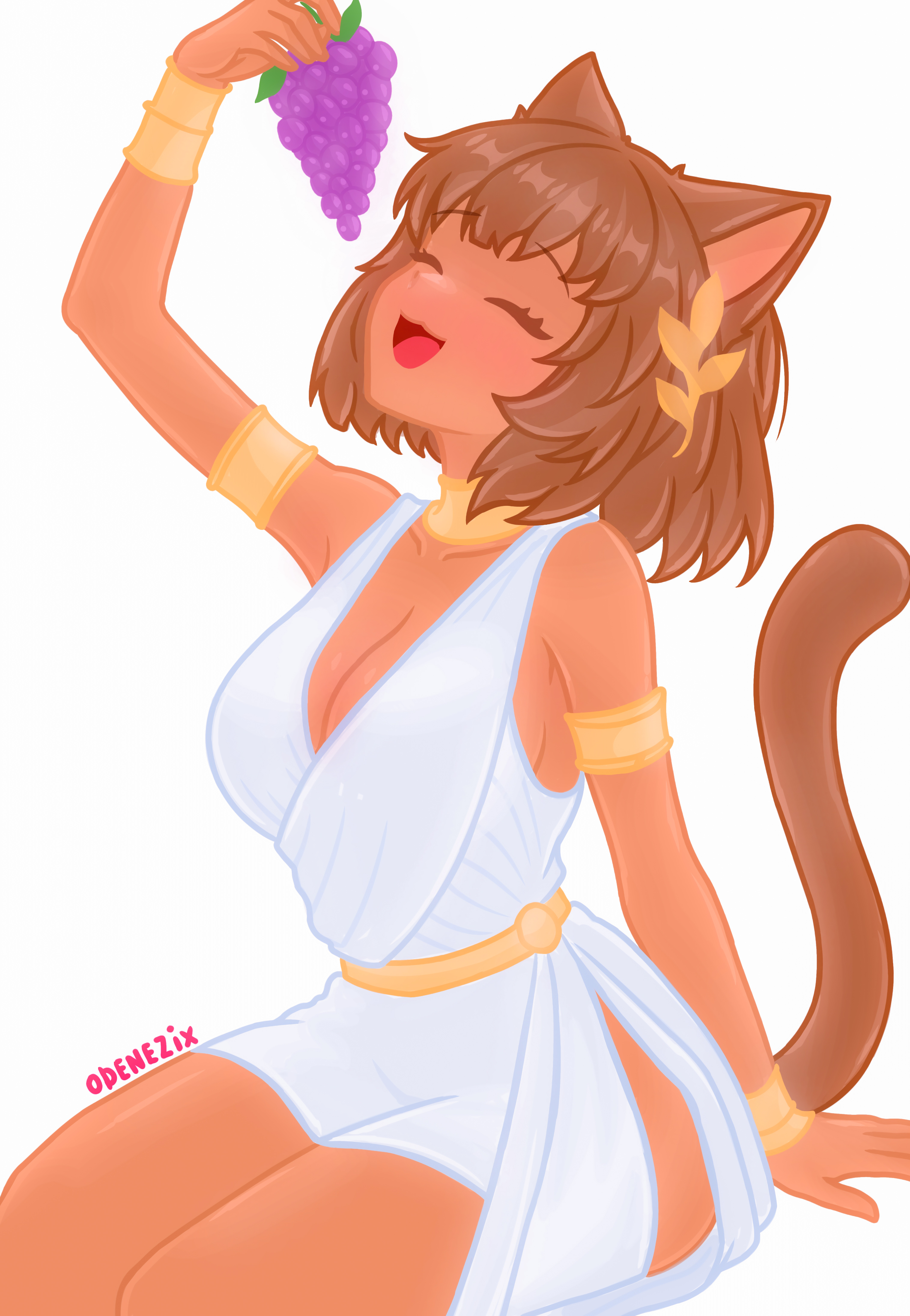 antique, cat ears, cat girl, cat tail, catgirl, cute, cute girl, female, female focus, gameoverse, kit (gameoverse), no porn, odenezix, purple grape, simple background, sitting, solo, white dress