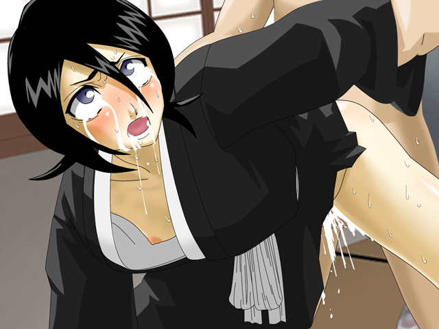 1boy 1girls ahe_gao arm_grab bent_over black_hair bleach blush breasts censored clothed_sex clothing cum cum_drip doggy_style down_blouse drooling faceless_male female flat_chest fucked_silly game_cg grey_eyes japanese_clothes kuchiki_rukia looking_back male maten nipples no_bra open_clothes open_mouth saliva sex solo_focus sweat tears